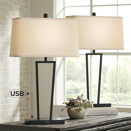 Miniatura 7 de 360 Lighting Cole - Juego de 2 lámparas de mesa minimalistas modernas de 27 pulgadas de alto con puertos de carga USB, pantalla rectangular de metal