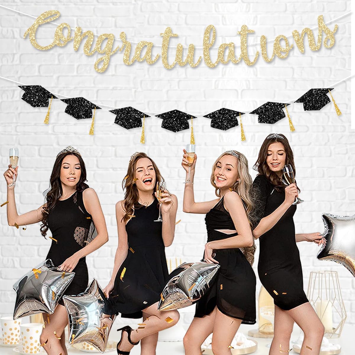 Pre Strung Congratulations Banner Graduation Decorations Class of 2026 Gold Glitter Congrats Grad with Tassel Party Decor College High School Favors Black NO DIY - Image 2