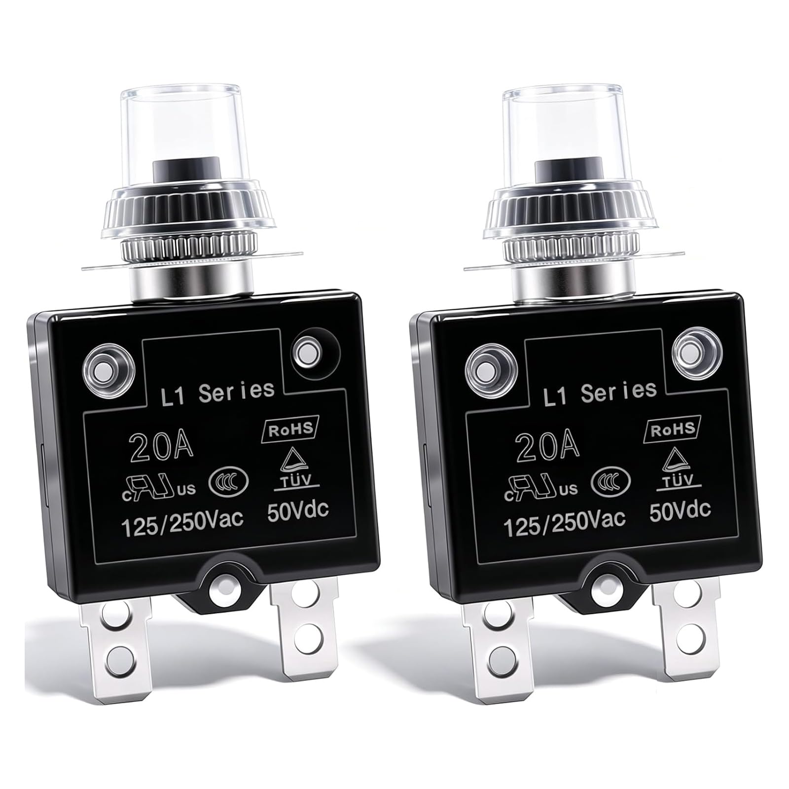mxuteuk 2Pcs 25Amp Circuit Breakers Push Button Manual Reset 125/250V AC 50V DC, L1 Series Overload Protector Switch Thermal Circuit Breakers with Waterproof Button Caps L1-cj-25A — Amazon image 6