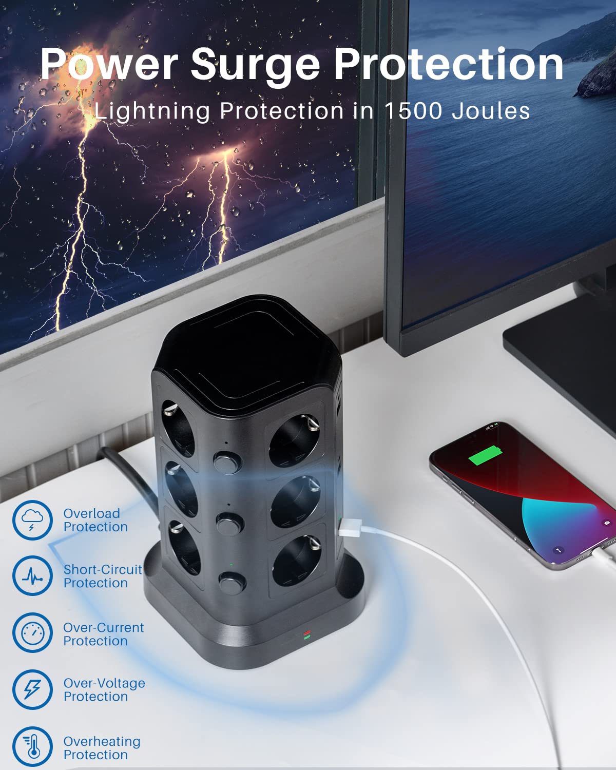 KOOSLA Multipresa 12 Prese 6 USB, 5M, Nero | 12 Prese, 6 USB-A, 3 Interruttori, Protezione Sovratensione, 5M Cavo, Casa, Ufficio