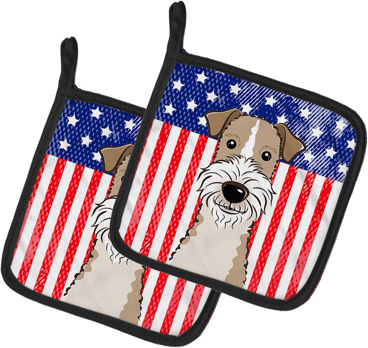 Caroline's Treasures BB2177PTHD American Flag and Wire Haired Fox Terrier Pair of Pot Holders Kitchen Heat Resistant Pot Holders Sets Oven Hot Pads for Cooking Baking BBQ, 7 1/2 x 7 1/2