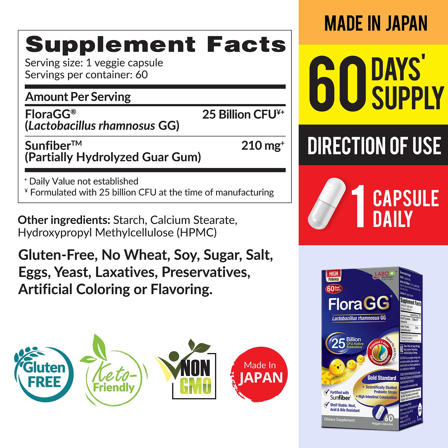 LABO Nutrition FloraGG 25 Billion CFU Probiotic & Sunfiber - 60 Capsules — Amazon image 2