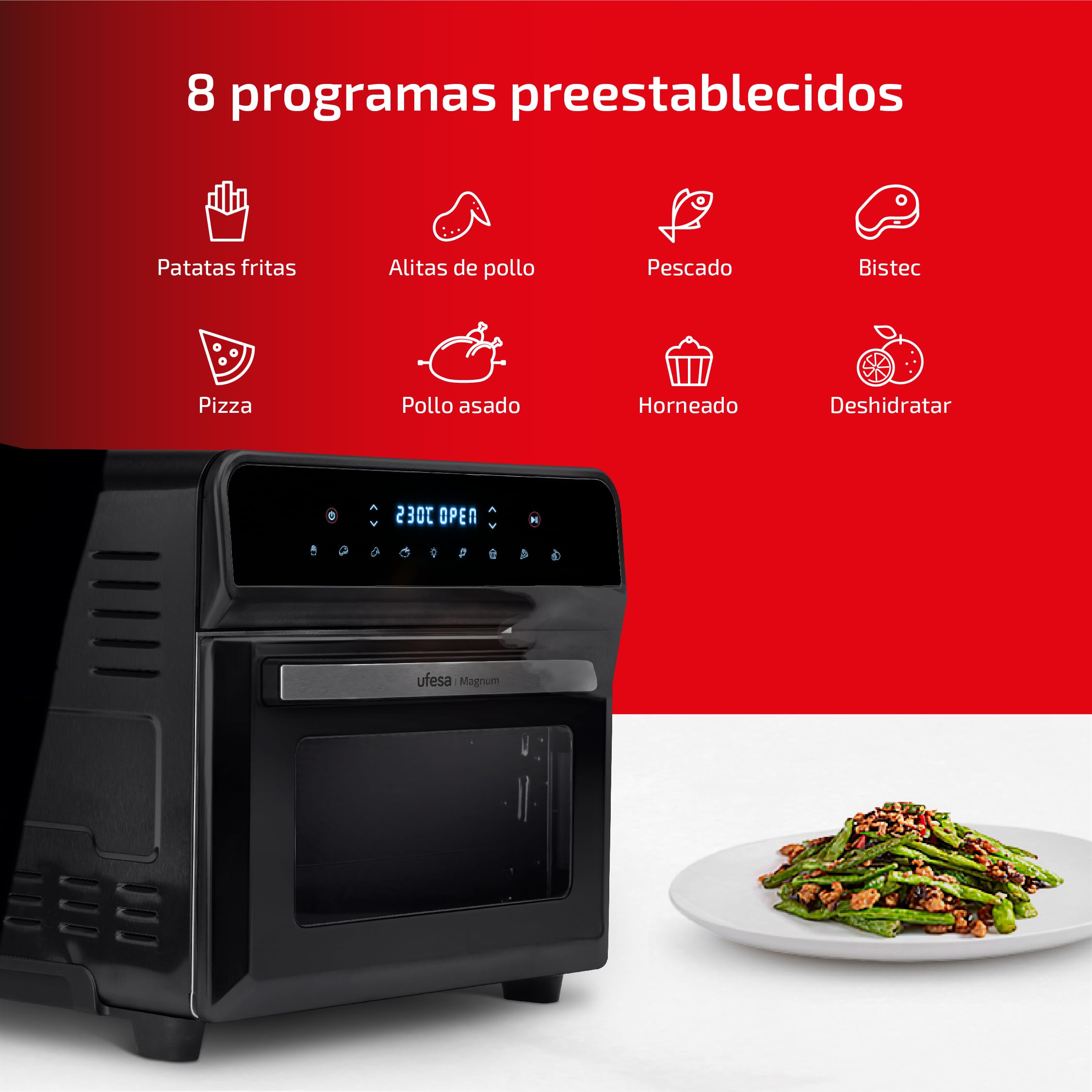 Ufesa Magnum Freidora de Aire sin Aceite Airfryer de 23 L, Doble Resistencia, Ahorro Energético, 8 Programas, Rostisserie,1800 W, Digital, Temperatura 230º C, 6 Accesorios Incluidos, Cuerpo Metálico