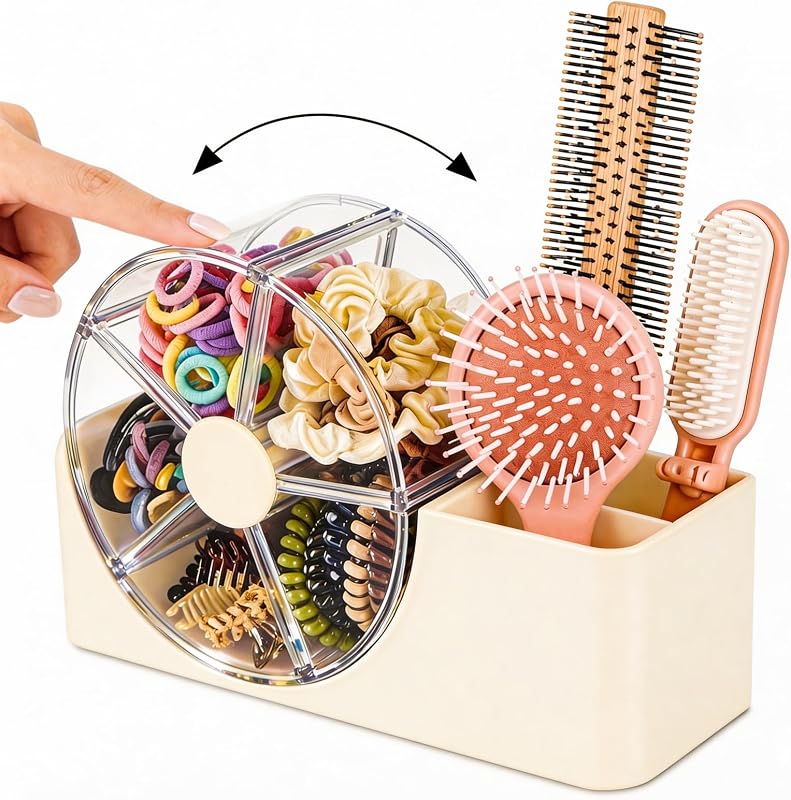 Organizador de acessórios para cabelo e maquiagem XUHSOLMP com 2 suportes e 5 divisões giratórias, creme