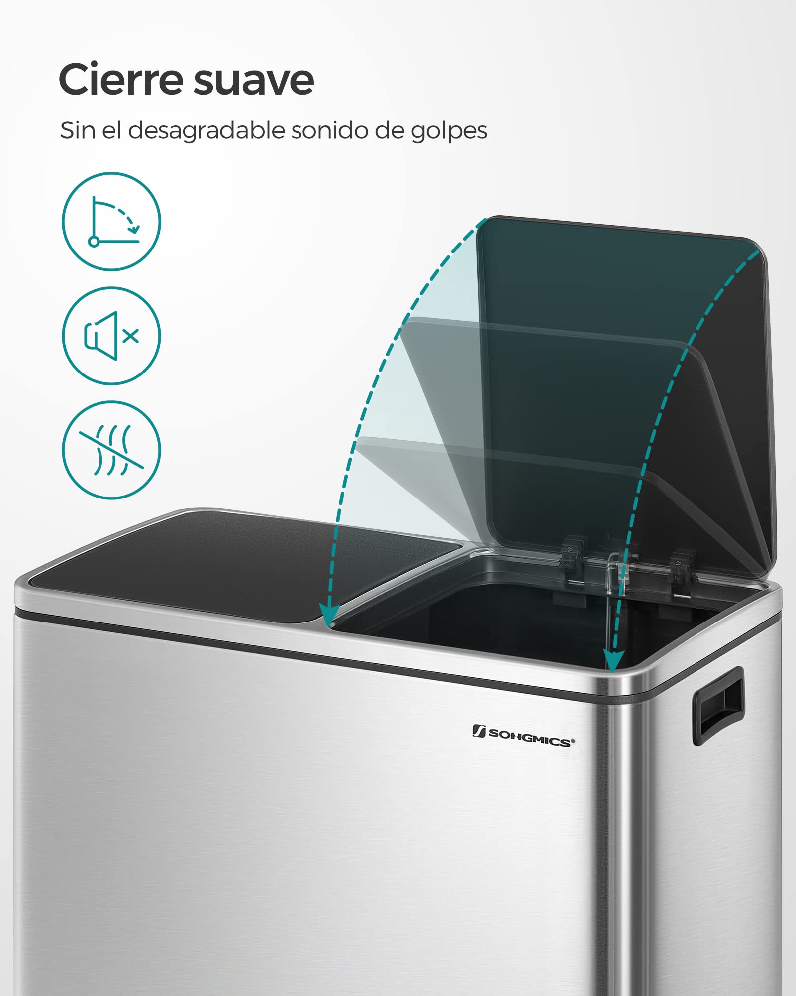 SONGMICS Cubo de Basura, 2 x 30 L, 2 Cubos, Reciclaje, Pedal de Metal, 15 Bolsas de Basura, Cubos Interiores de Plástico y Asas, Tapa con Bisagras, Cierre Suave, Hermético, Plata y Negro LTB60NL