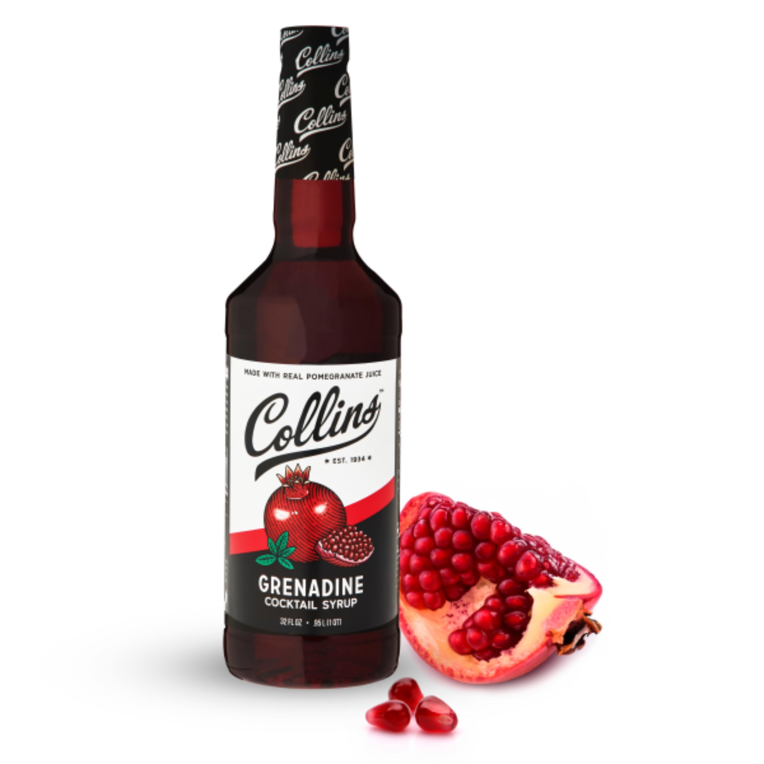 Collins Grenadine Syrup, Real Pomegranate Juice and Sugar, Craft Cocktail Syrup, Drink Mixers, 32 oz