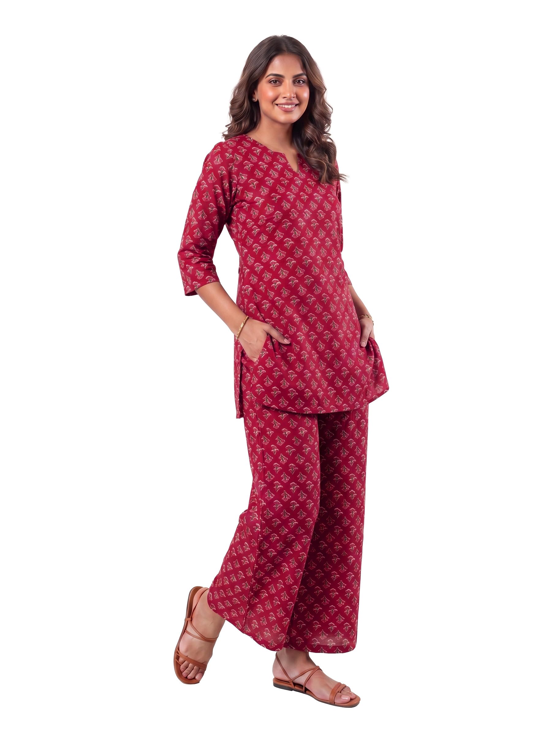 Women's Cotton Kurti Co-ord Set | Straight Kurta with Pyjama | 3/4 Sleeve Round Neck | 2 Piece Ethnic Office & Casual Wear - Black-image-21