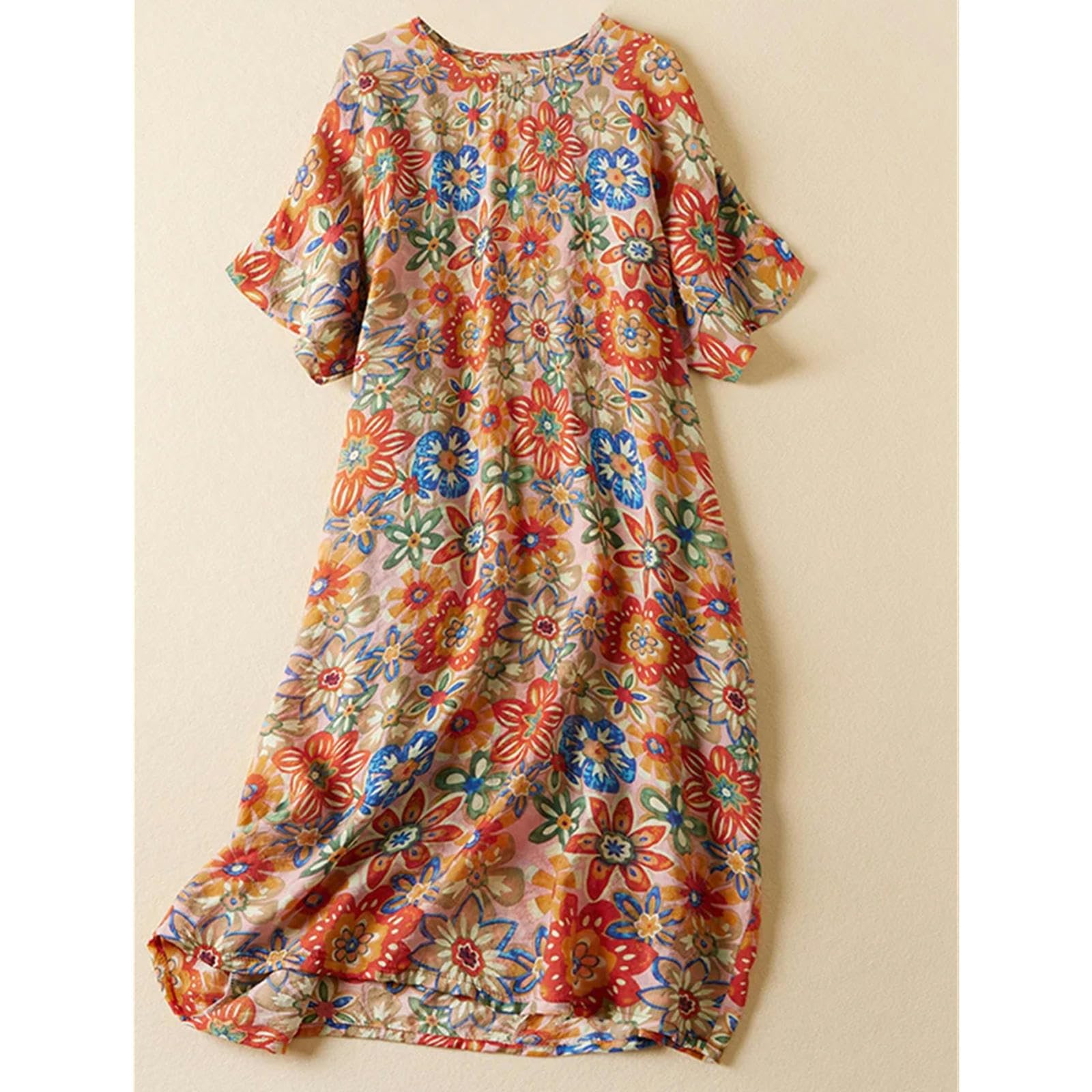 Vestito Donna Abito Floreale Vintage Estivo più Dimensioni Summer Casual Ladies Sbuse Womens Cotton Linen Stampes Women Midi Dress-Vestito Giallo-XXXL
