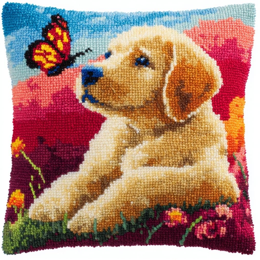 AxiangziK Latch Hook Pillow Kit for Adults,Golden Retriever and Butterfly