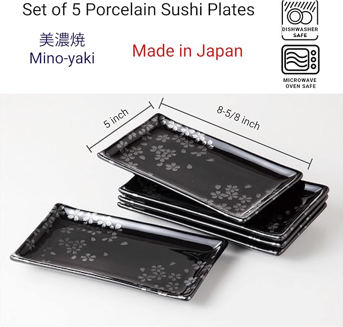 Platos de Sushi de Porcelana Japonesa, Negro con Sakura Plateada, Rectangulares miniatura 3