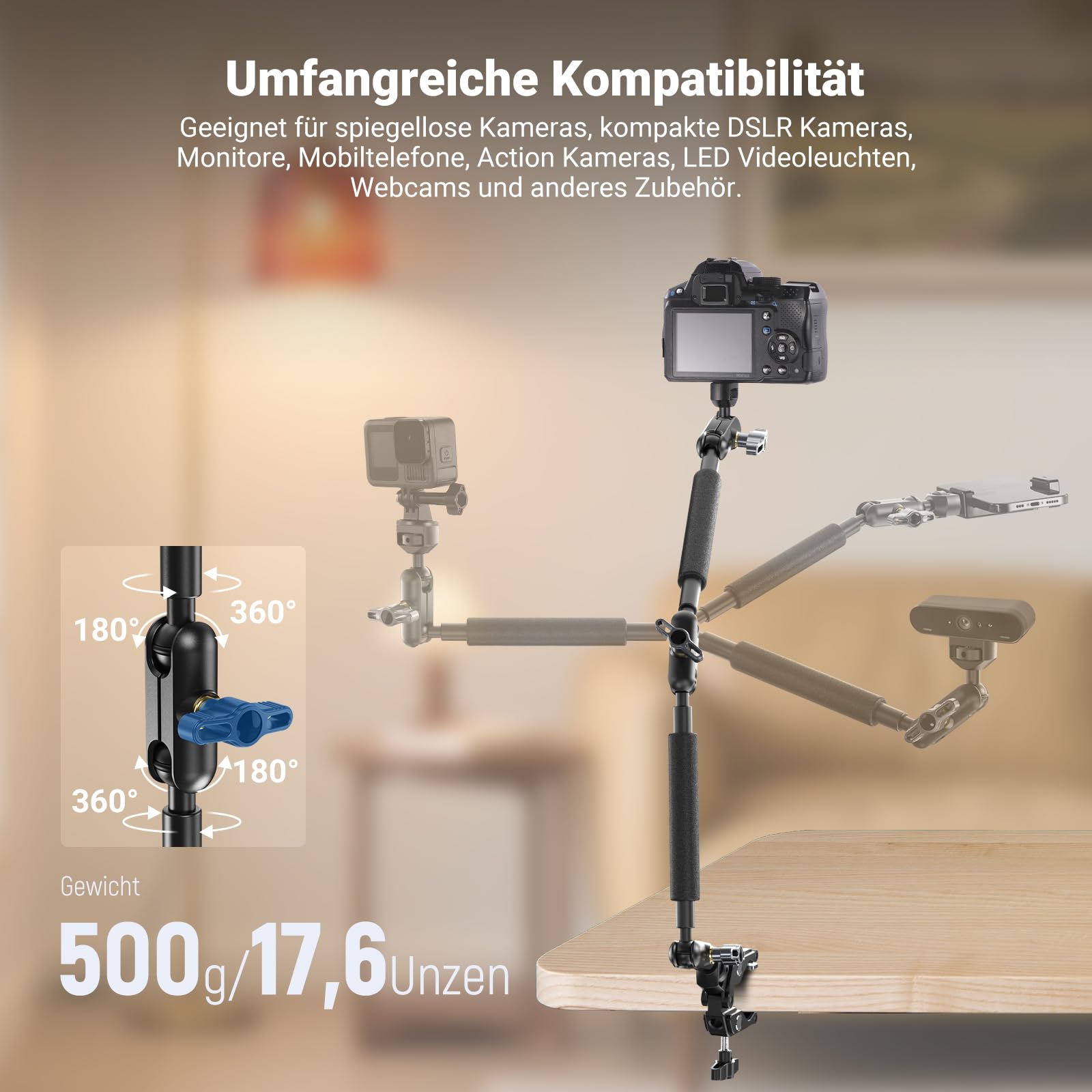 NEEWER 22" Magic Arm mit Klemme, Überkopf Tischkamera Telefonhalterung mit Doppel Kugelkopf Gelenkarm, 1/4" 3/8" Gewinde, Telefonhalter kompatibel mit iPhone DSLR Action Kamera Videoleuchte, UA057