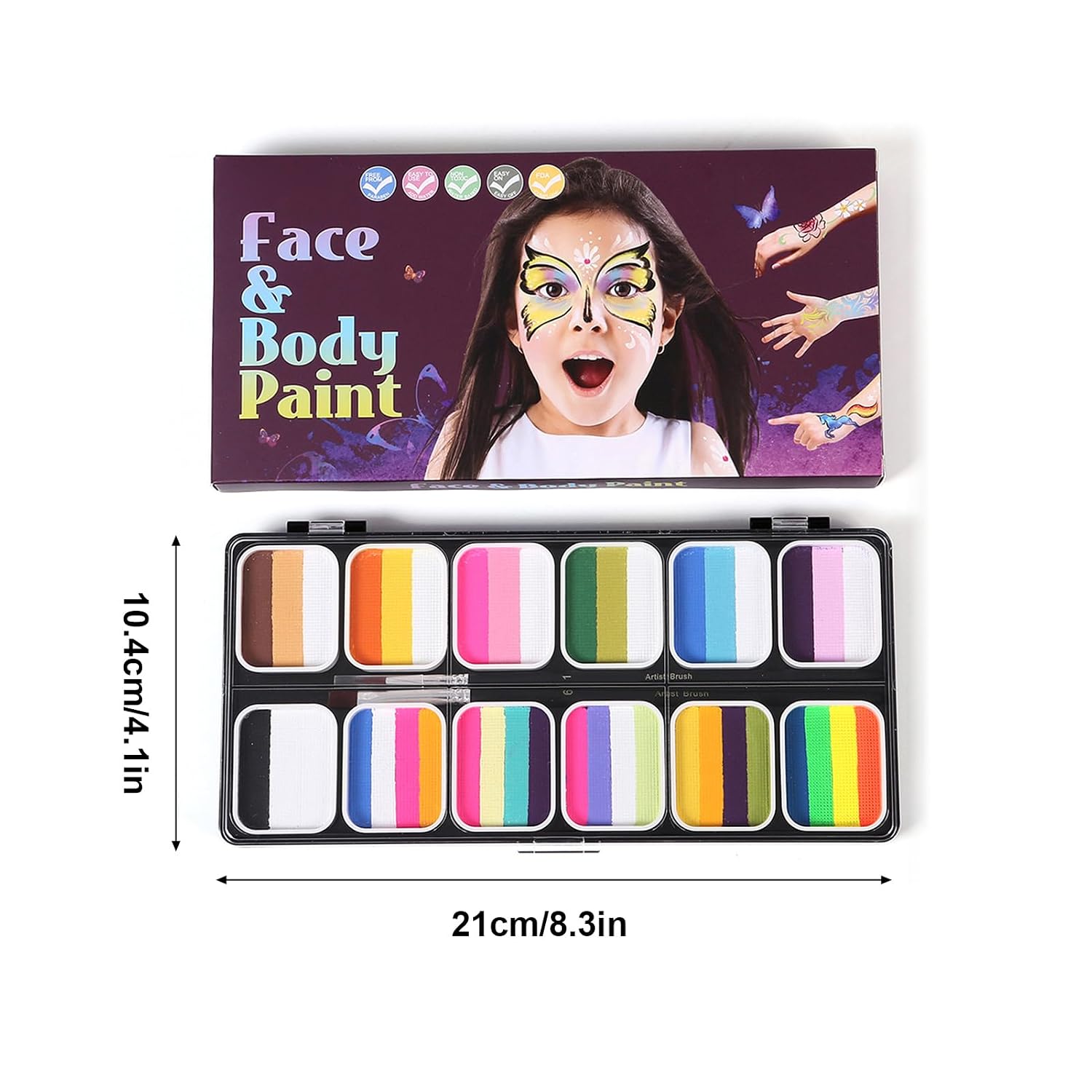 Watercolor Paint Palette Set Professional Face Split Cakes with Paintbrushes Stencils & Stickers Secure Water Activated Face Body Painting Makeup Hypoallergenic (F-1)