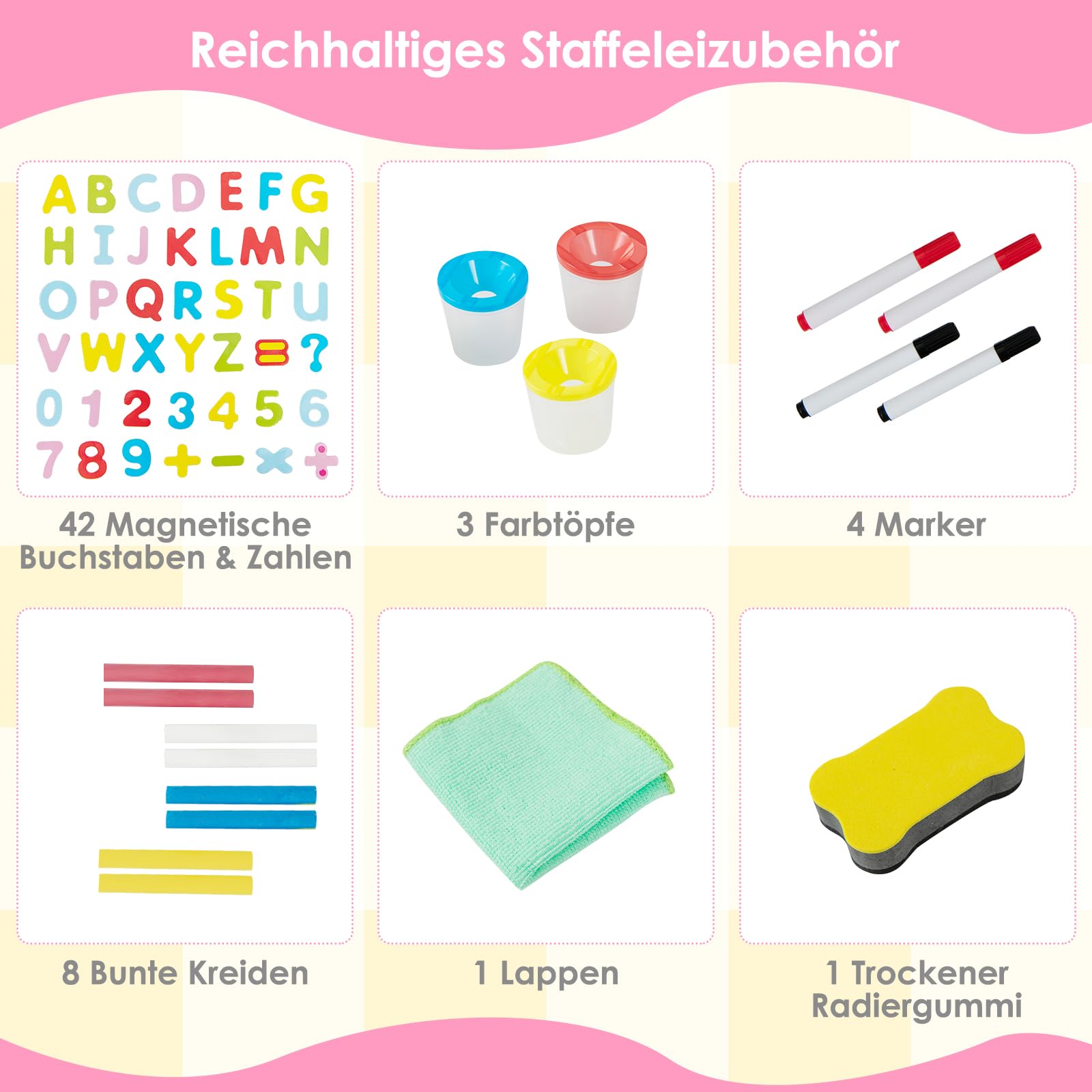 COSTWAY 3 in 1 Staffelei Kinder, doppelseitige Kindertafel höhenverstellbar mit Whiteboard & Kreidetafel, Standtafel inkl. Papierrolle, Zahlen, Kreiden & Farbstift, für Kinder ab 3 Jahren (Rosa)