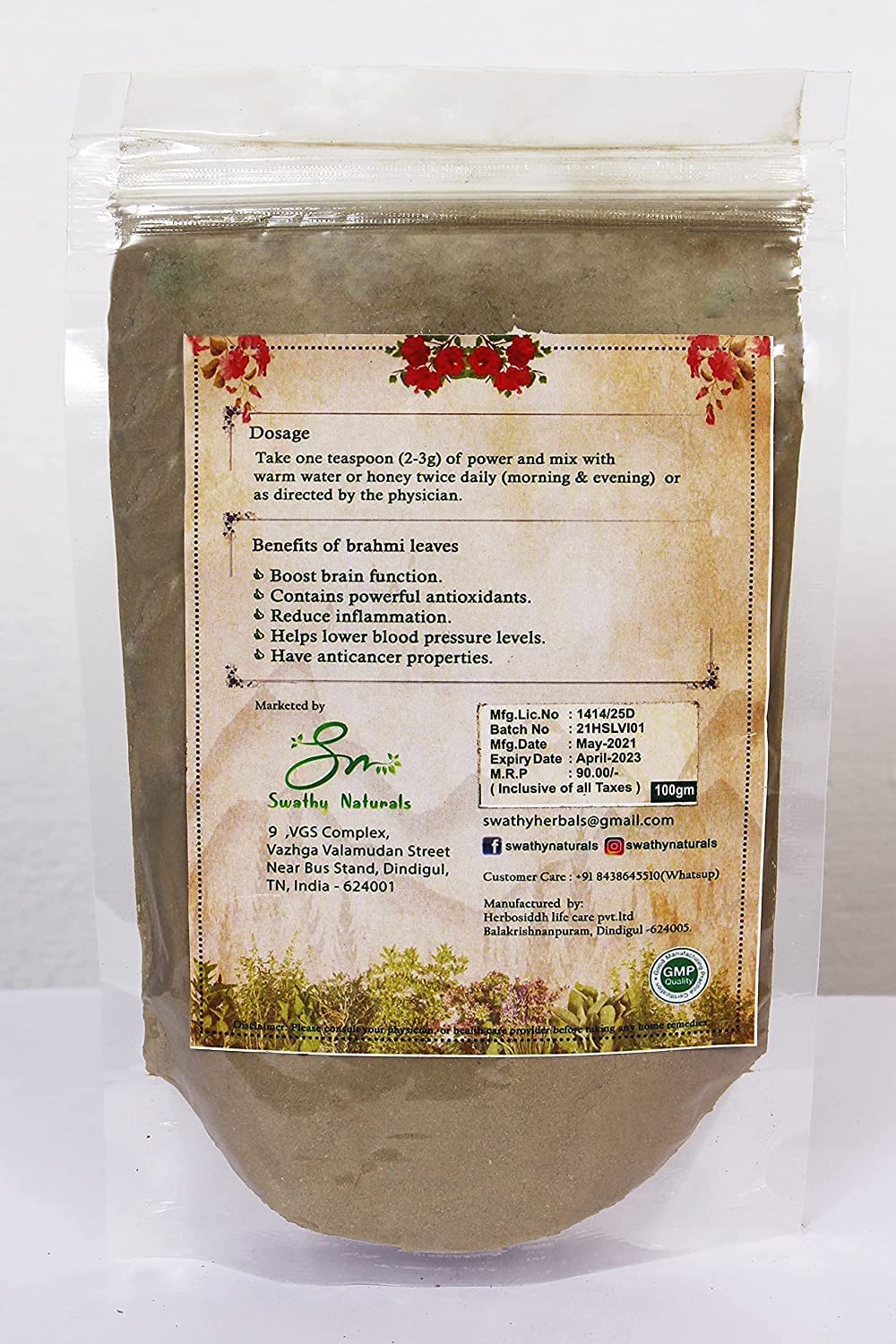 CROW SWATHY Naturals Vallarai-Pulver, 100 g/Brahmi-Blätterpulver/Centella Asiatica/Vallarai, 100 g