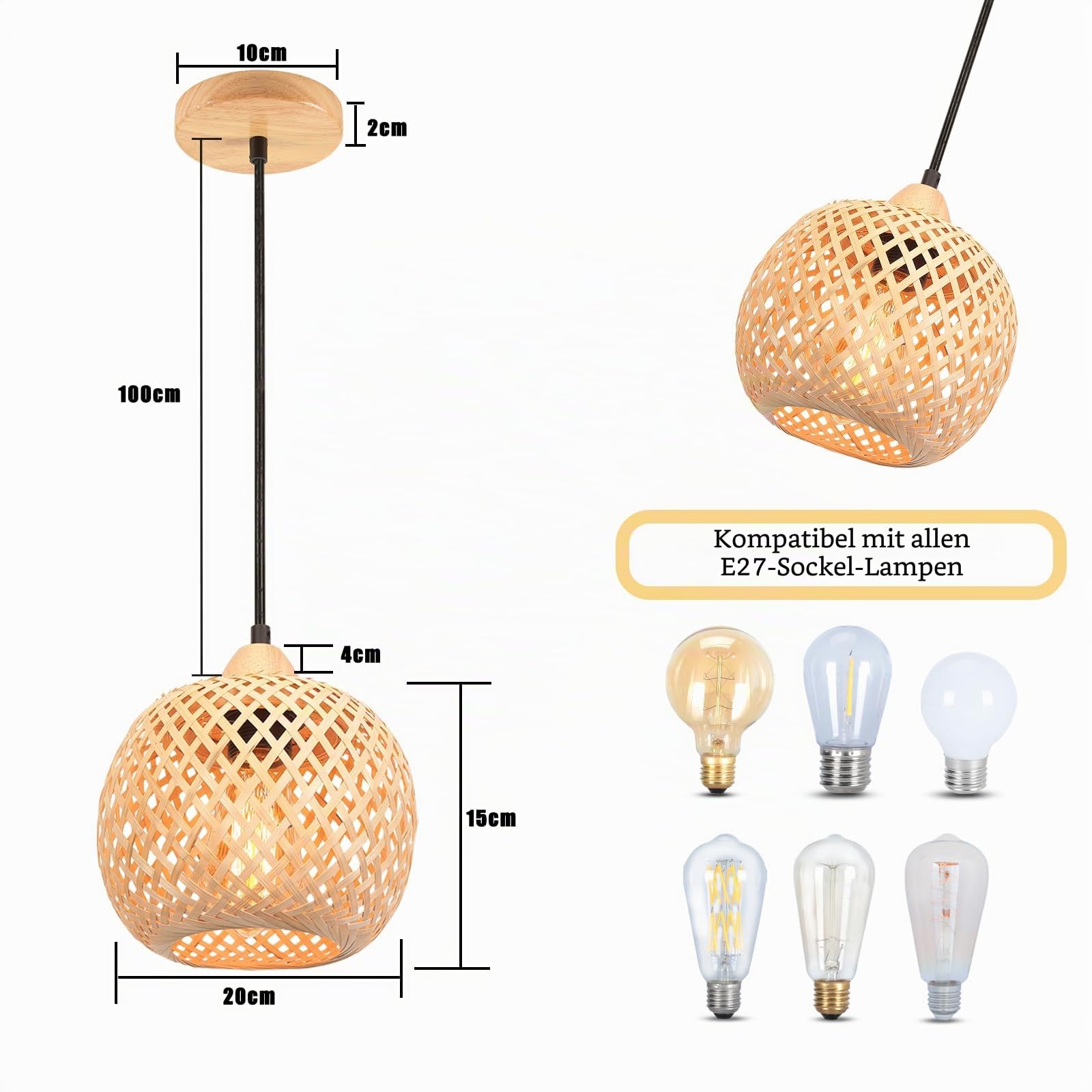 2 Stück Pendelleuchte Bambus Weben Kronleuchter Rattan Boho Style Bambus Lampenschirm Vintage Deckenlampe Dekoration Deckenleuchte für Restaurant, Wohnzimmer, Küche, Café