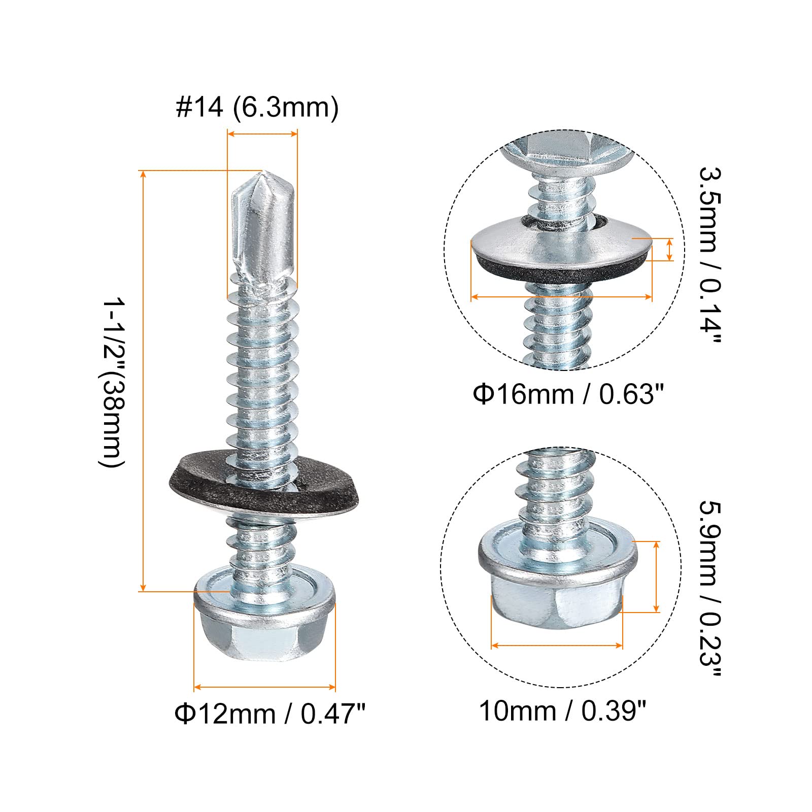 uxcell Tornillos autoperforantes de 1-1/2 pulgadas con arandela de goma, 100 tornillos autorroscantes de cabeza hexagonal con arandela EPDM para metal a metal