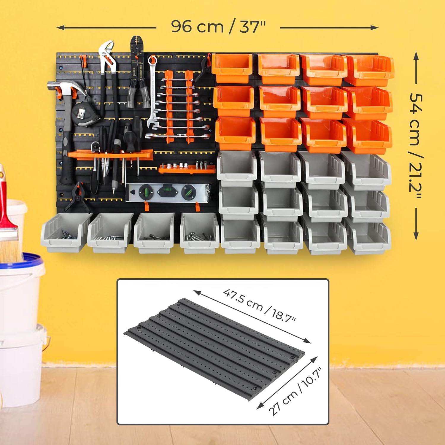 Todeco 46 Pcs Wall Mounted Storage Bins Set, Tool Organizer Bins Parts Rack with 28 Storage Bins, 14 Accessories & 4 Peg Board, Garage Storage Rack for Tool, Parts, Craft
