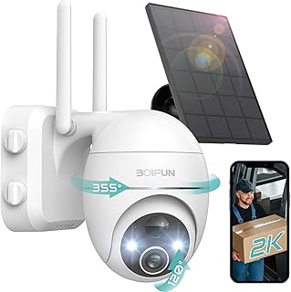 BOIFUN 2K Solar Wireless Security Outdoor Camera, 360° CCTV Battery Camera System with Wi-Fi, Smart Motion Detection & Alert, Color Night Vision, 2-Way Audio, IP65 Waterproof, Custom Security Zone