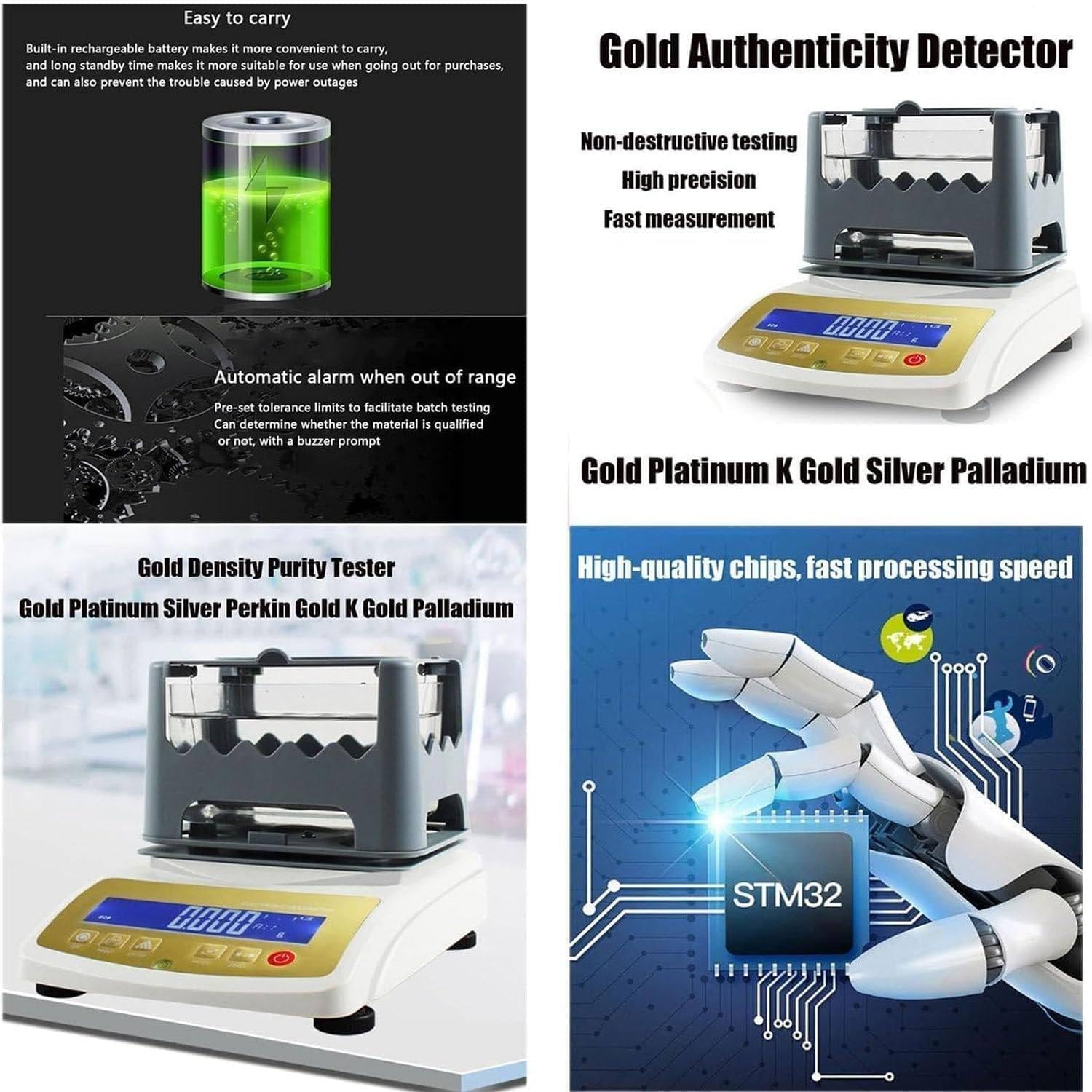0.001g Portable Gold Analyzer, Gold Purity Tester, Purity Density Meter Analyzer Gold Precious Metal Tester, for Jewelry Industry Bank Research Lab 300g