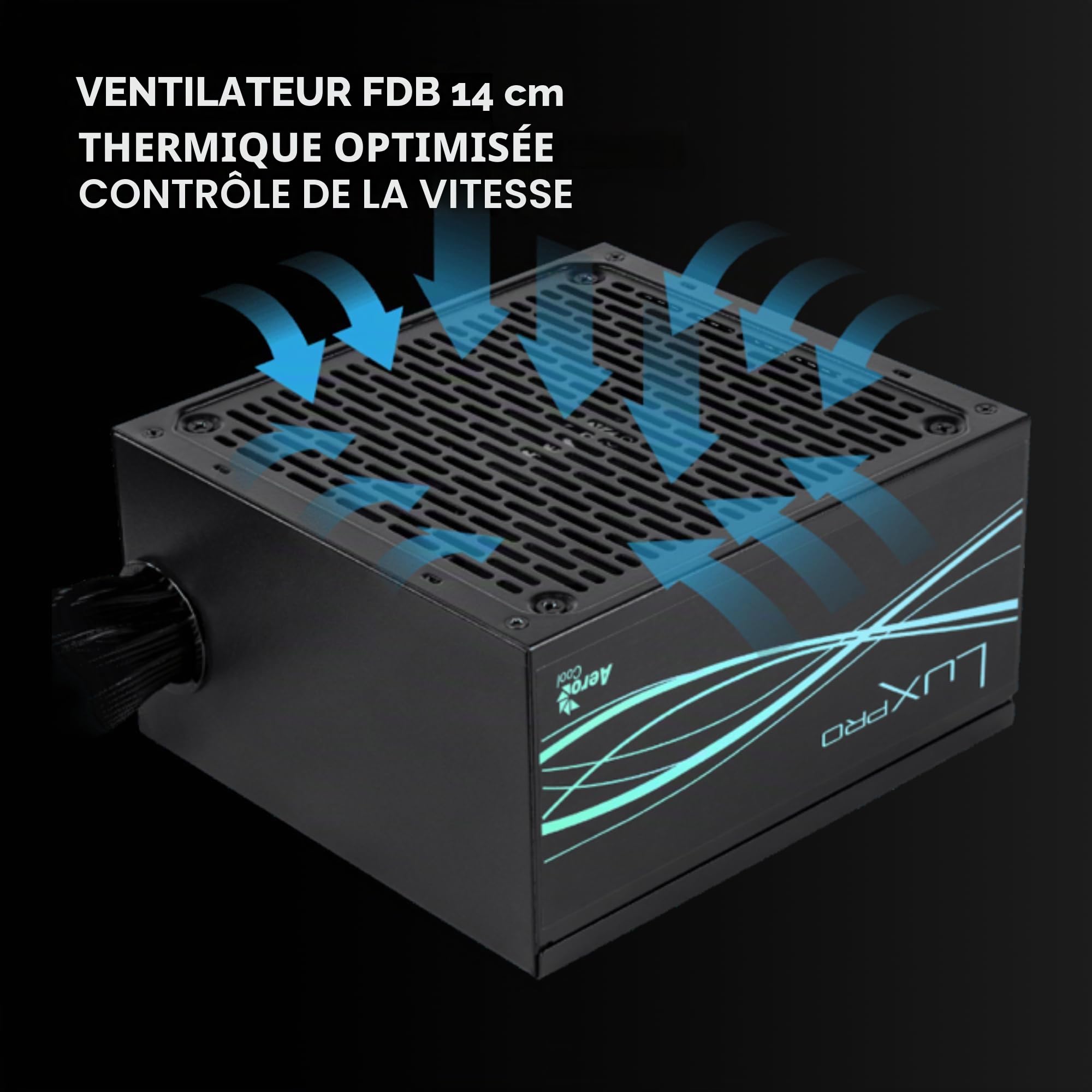 Aerocool LUXPRO850, Alimentation 850W, Certifiée 80Plus Bronze 230V EU, Efficacité +88%, Condensateurs Japonais 105°C, Ventilateur FDB 14cm APFC, ATX 3.0 et PCIe 5.0, Garantie 5 Ans, Noir