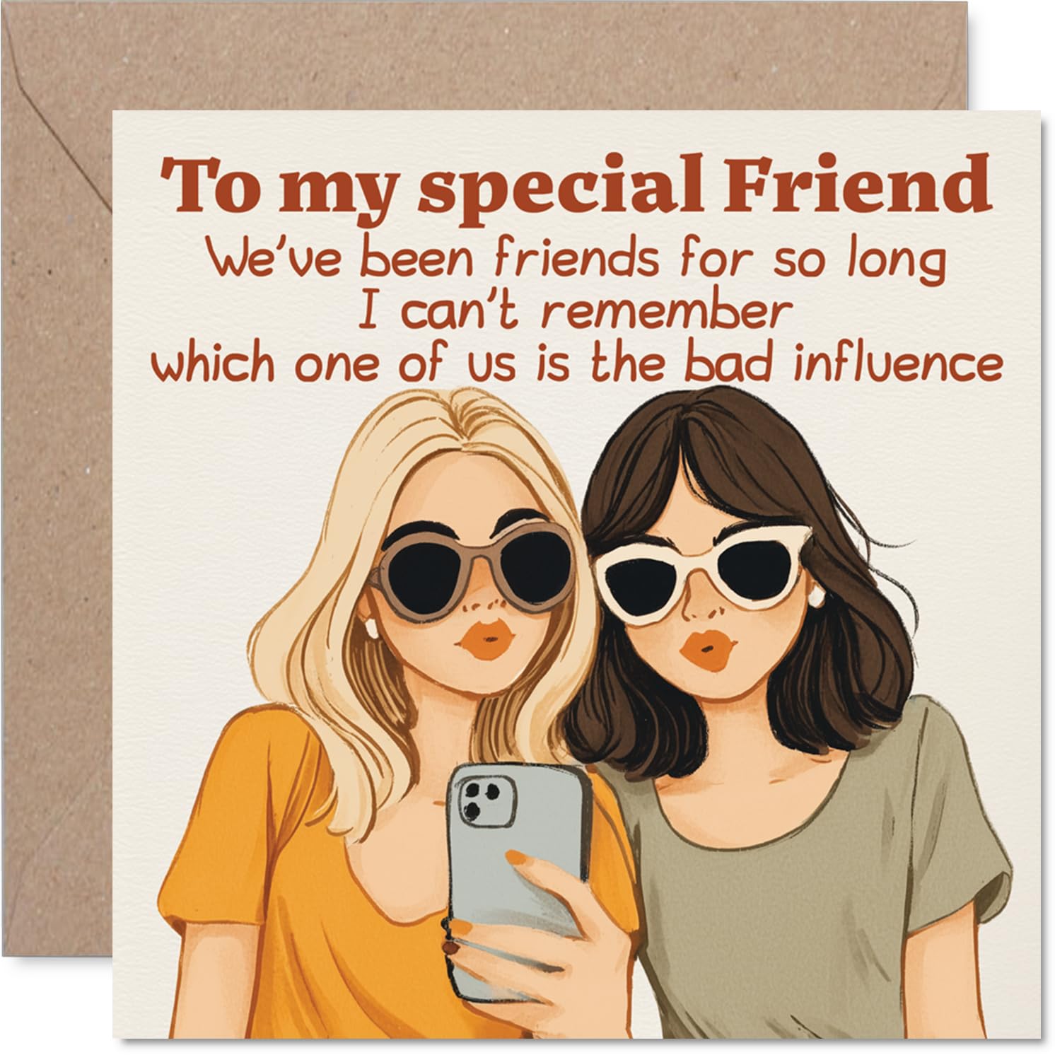 Playful Birthday Card - Partners in Mischief - Stylish Friends Selfie Illustration - Light-hearted Banter for That Special Mate - 145mm Square, Envelope Included