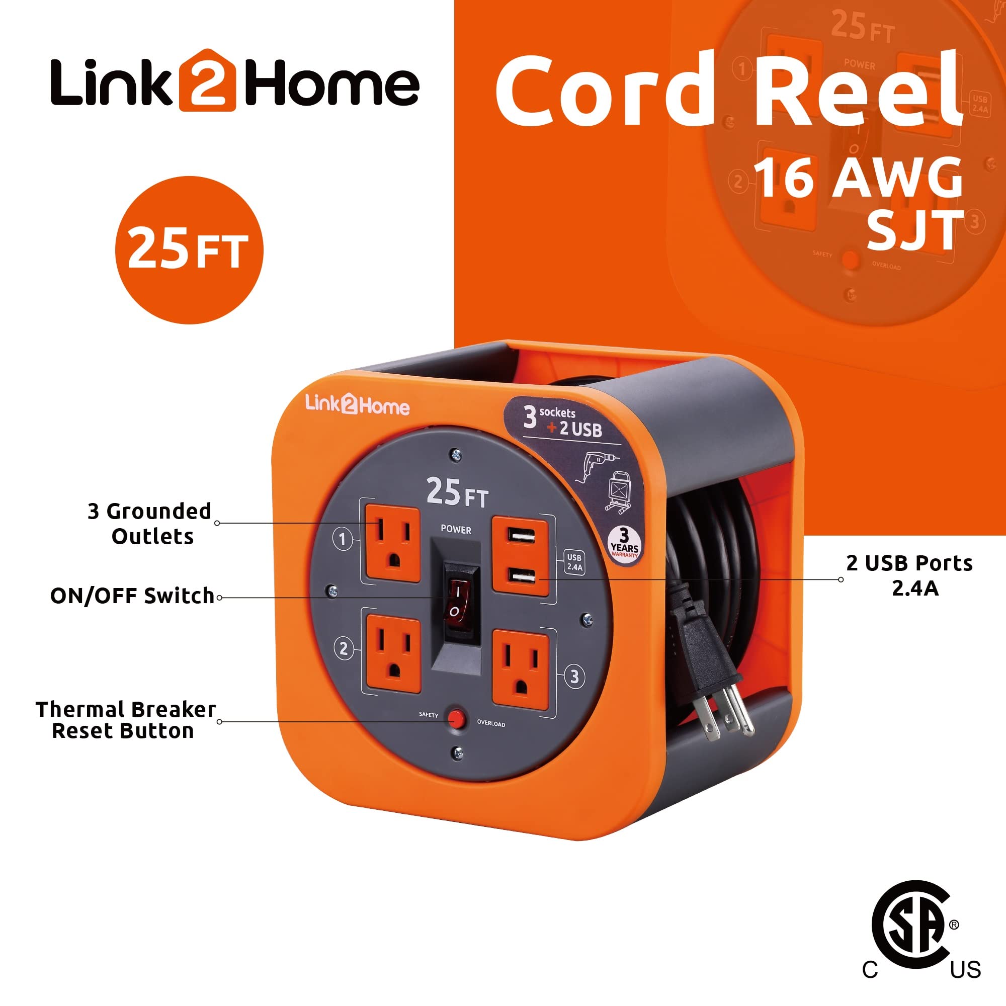Link2Home Cord Reel 25 ft. Extension Cord 4 Power Outlets, 2 USB Ports, 2.4A Fast Charge – 16 AWG SJT Cable.