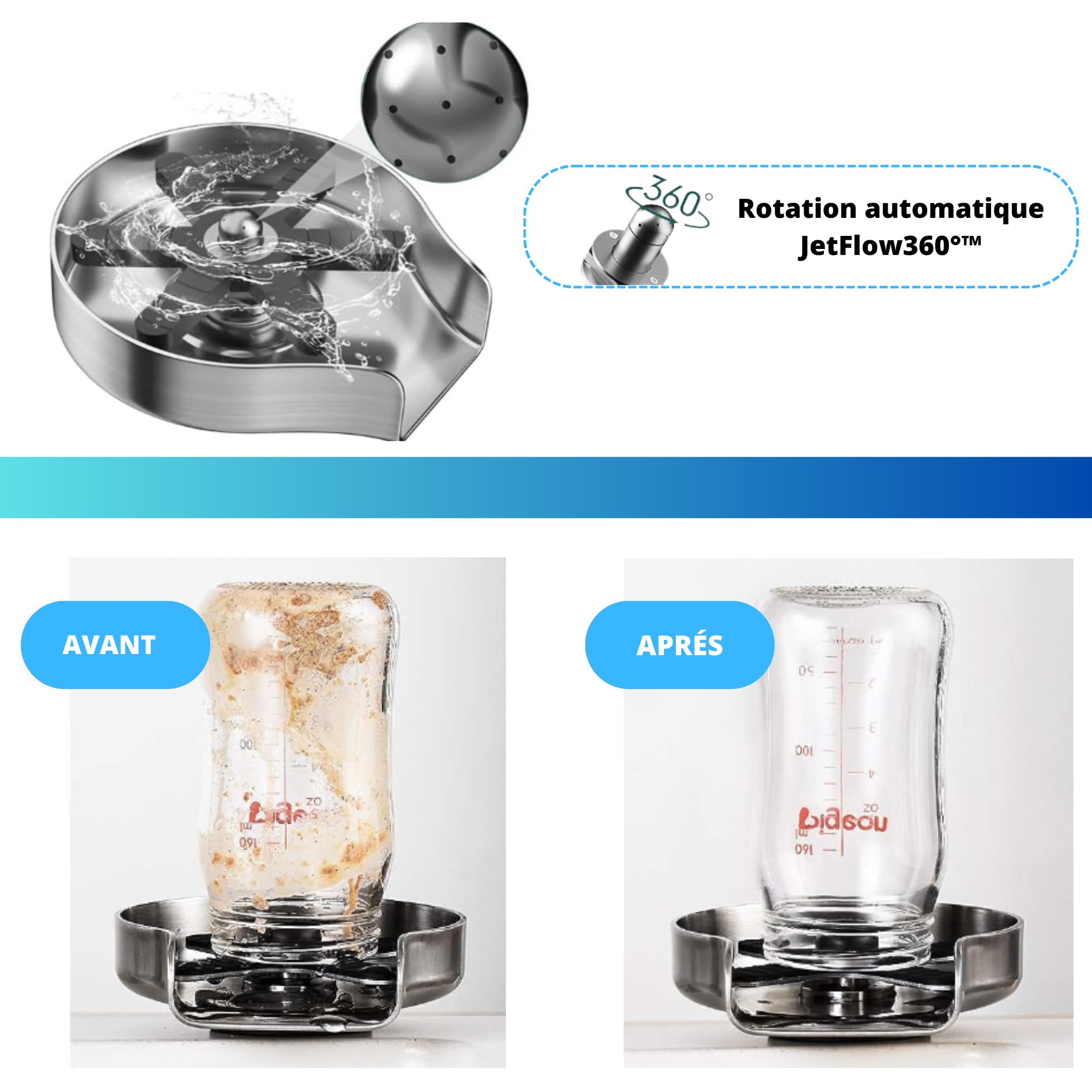 Akenz - Enjuague de cristal automático para fregadero de cocina, accesorio multifunción a presión para limpiar vasos, biberones, cerveza, profesional, restaurante inoxidable (plata)