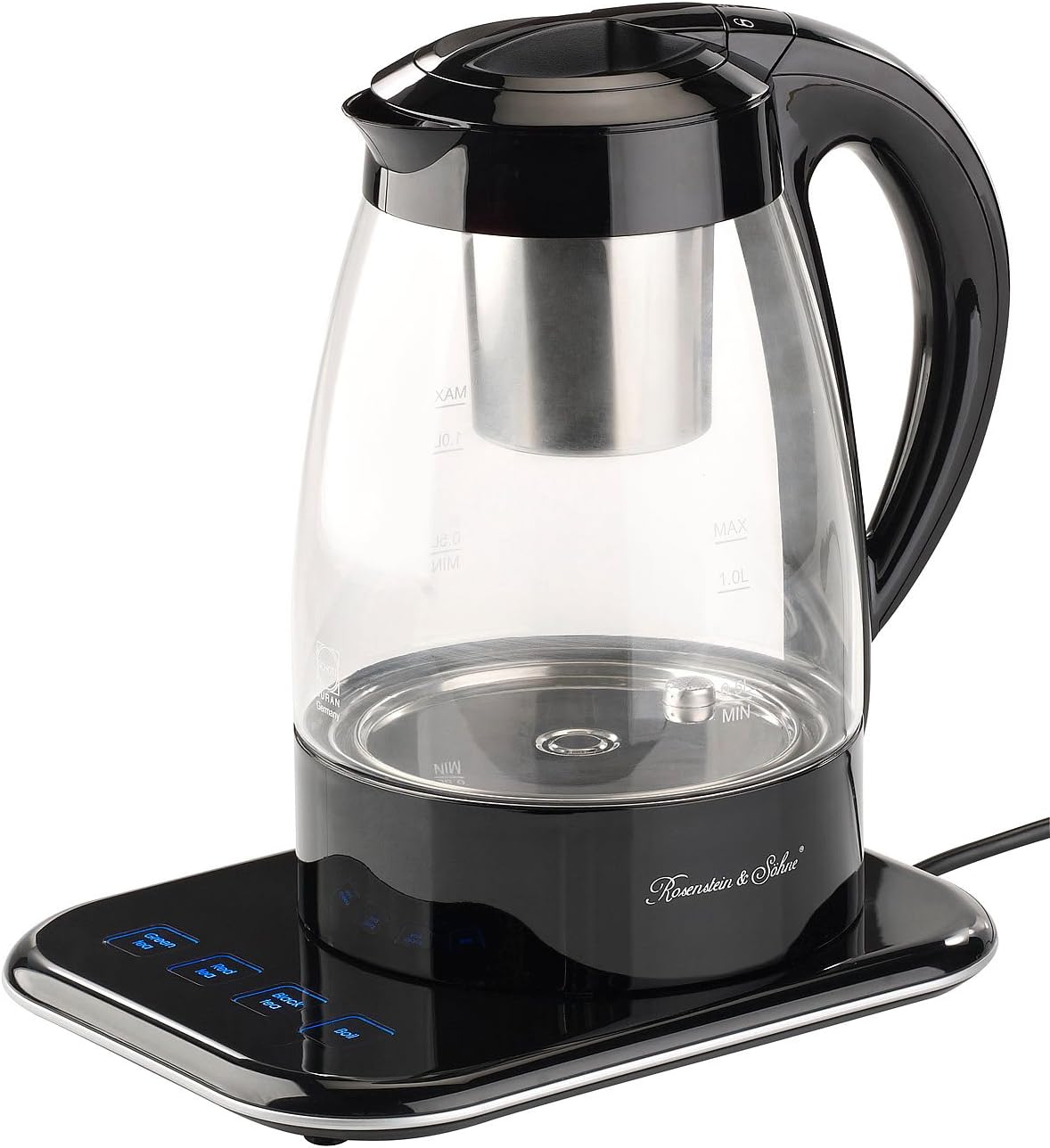 Emerio WK-122248 Glass Tea Maker Kettle Test Winner with Grade 1.3 Fully Automatic Tea Strainer Soft Close Borosilicate Glass BPA Free 1.7 L Volume Temperature Selection 2200 Watt Black/Silver
