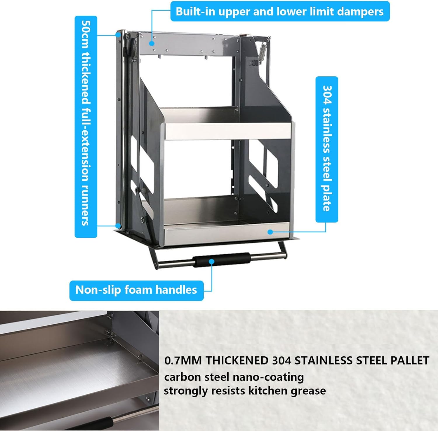 Drop Down Kitchen Spice Rack Double-Tier Double-Tier Pull Down Cabinet Organizer 304 Stainless Steel Construction 52/62cm Height Space-Saving Design Suitable for Kitchens 540x280x520mm/21.2x11x20.5in