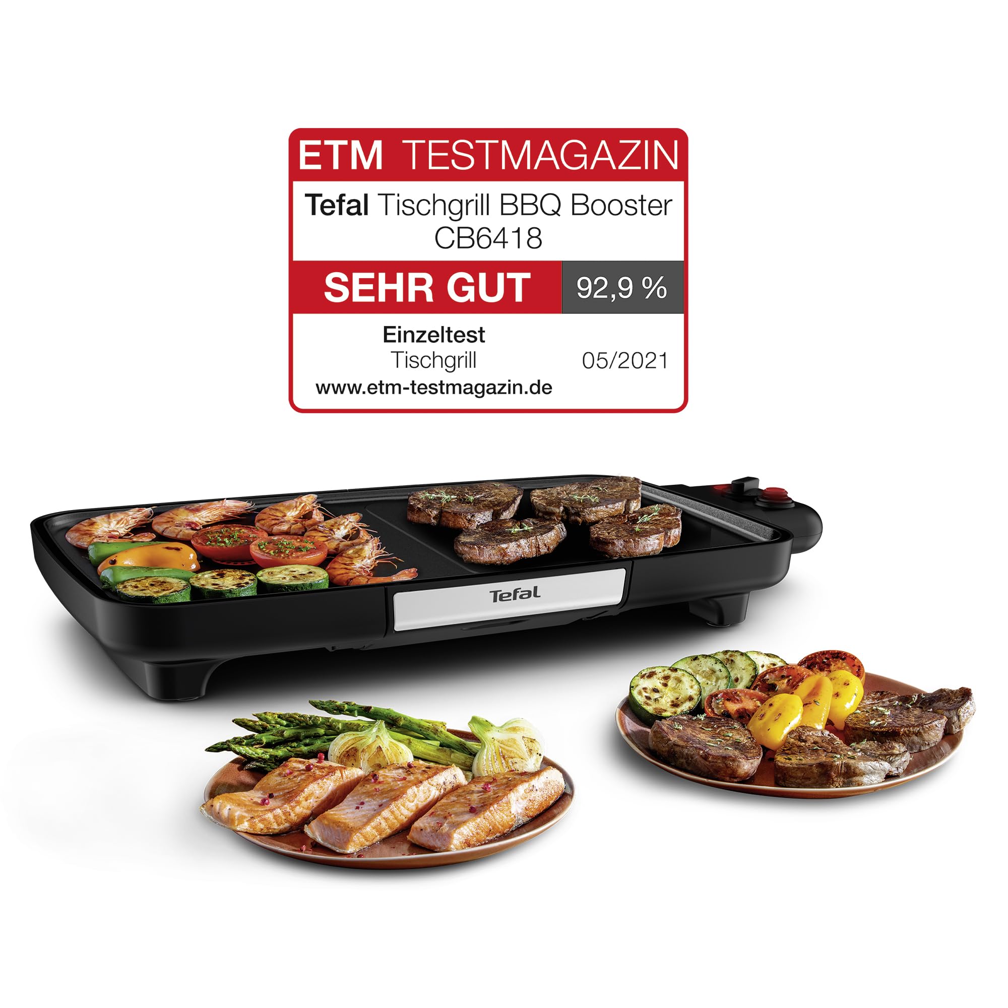 Tefal CB6418 BBQ Booster Tischgrill | Power-Boost-Zone | 2200 Watt | Antihaftbeschichtung | 6 Stufen Thermostat | Auffangschale spülmaschinengeeignet | Thermo-Spot | extragroße Grillfläche | Schwarz
