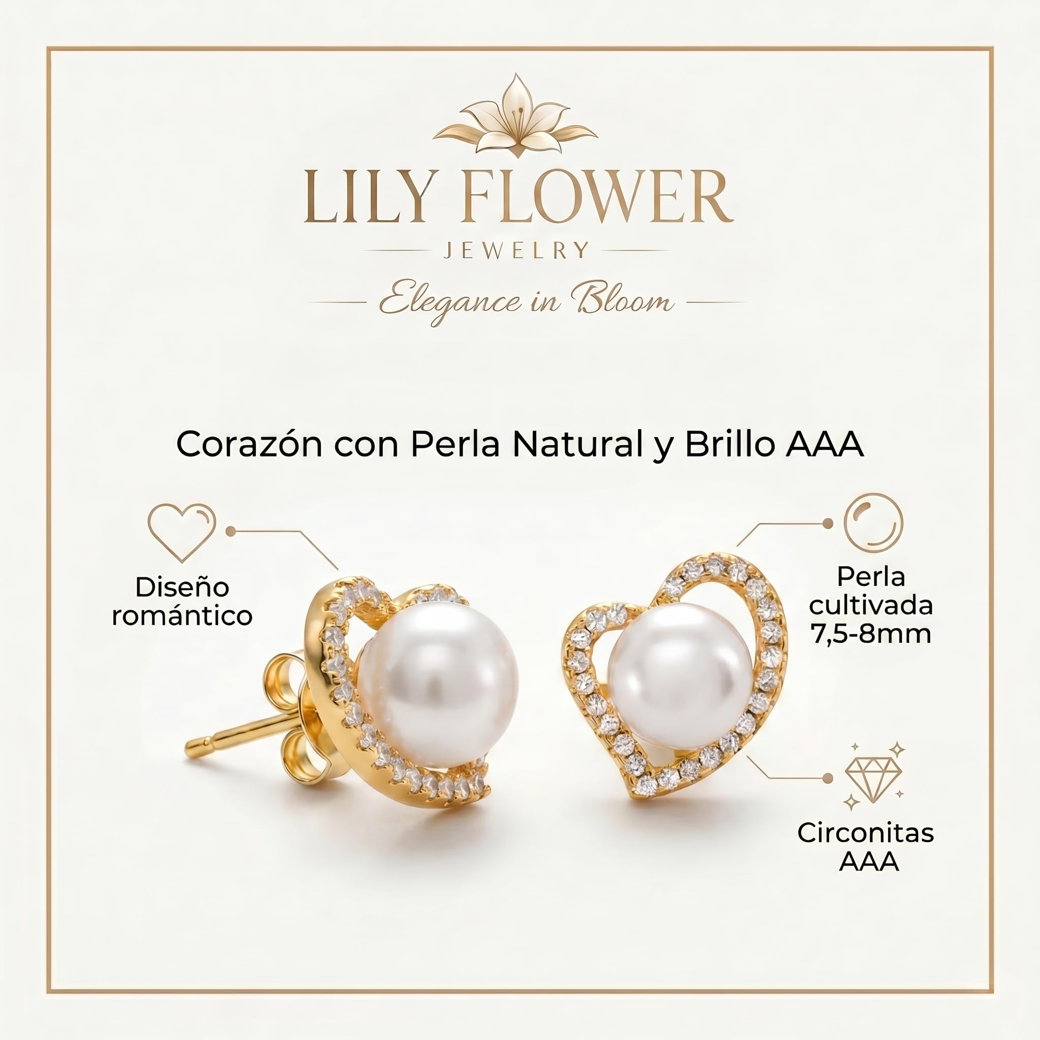 Pendientes Perla Mujer, Corazón, Circonitas, Plata 925