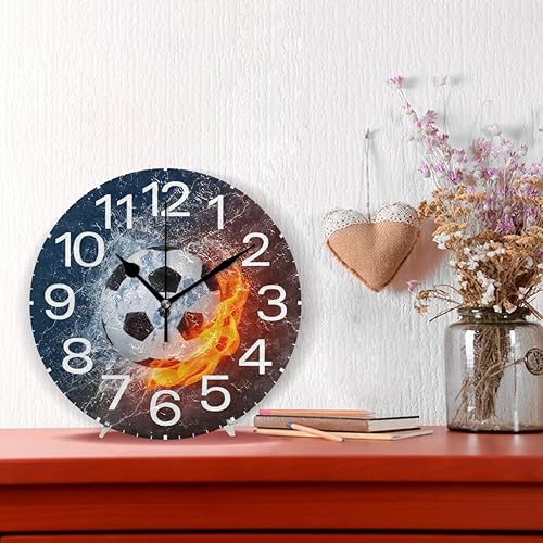 Miniatura 2 de Kigai Reloj de pared de balón de fútbol en fuego y agua, silencioso sin tictac, 10 pulgadas, funciona con pilas, relojes de pared redondos para