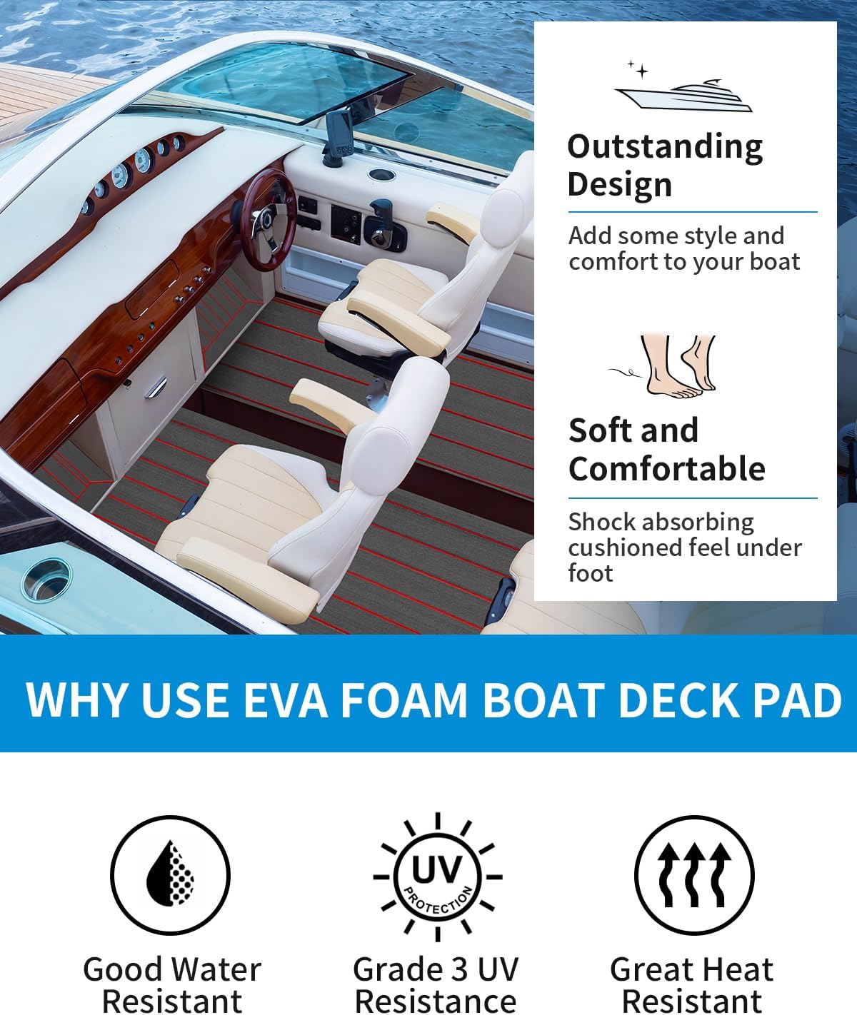 OCEANBROAD EVA Foam Boat Flooring with 3M Adhesive Backing Marine Self-Adhesive Decking 96''x45.6''/36''/28.8''/16.8'', 48''x16.8'' Faux Teak Sheet for Jon Boats Swim Platform Helm Pad RV Floor