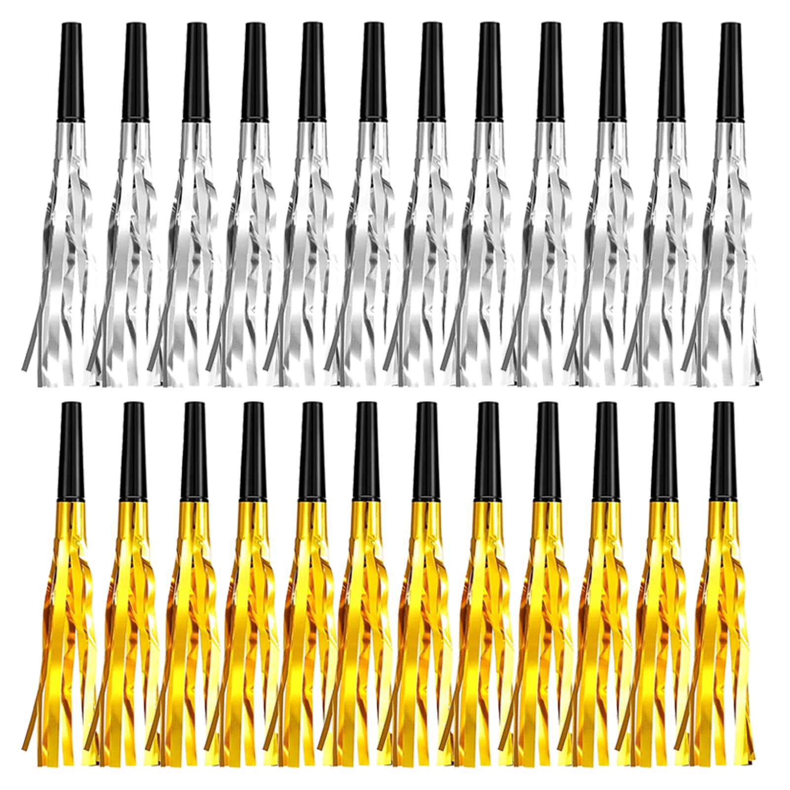 24 Pieces Gold Silver Noise Makers Glitter Noise Makers Metallic Fringed Party Blowers for Adults Birthday Graduation Sporting Events New Years Eve Party Supplies 2025