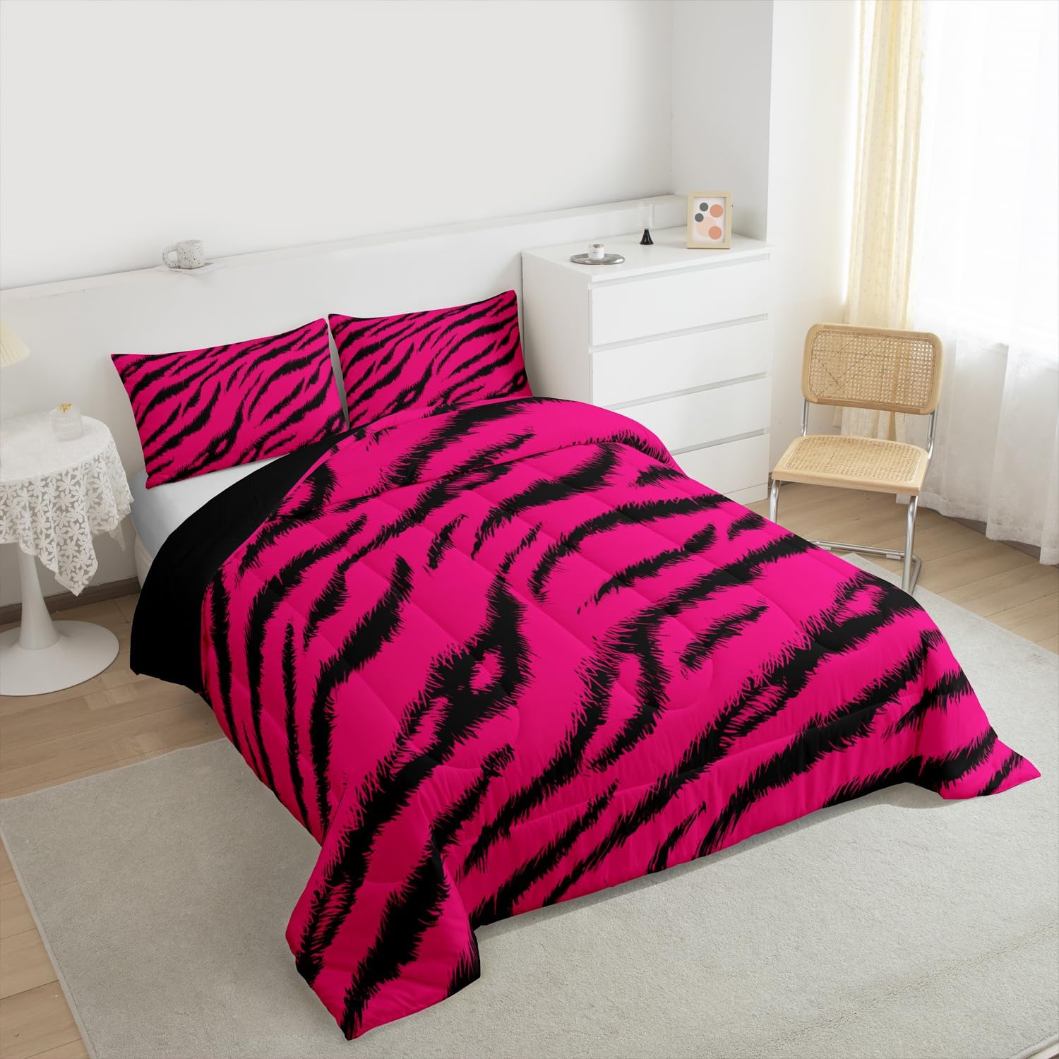 jejeloiu Zebra Stripes Comforter Set All Season Leopard Print Bedding Set with 1 Pillow Cases Zebra Leopard Fur Kids Twin Bedclothes Wild Animal Skin Bedroom Decor Hot Pink Duvet Quilt Breathable Soft