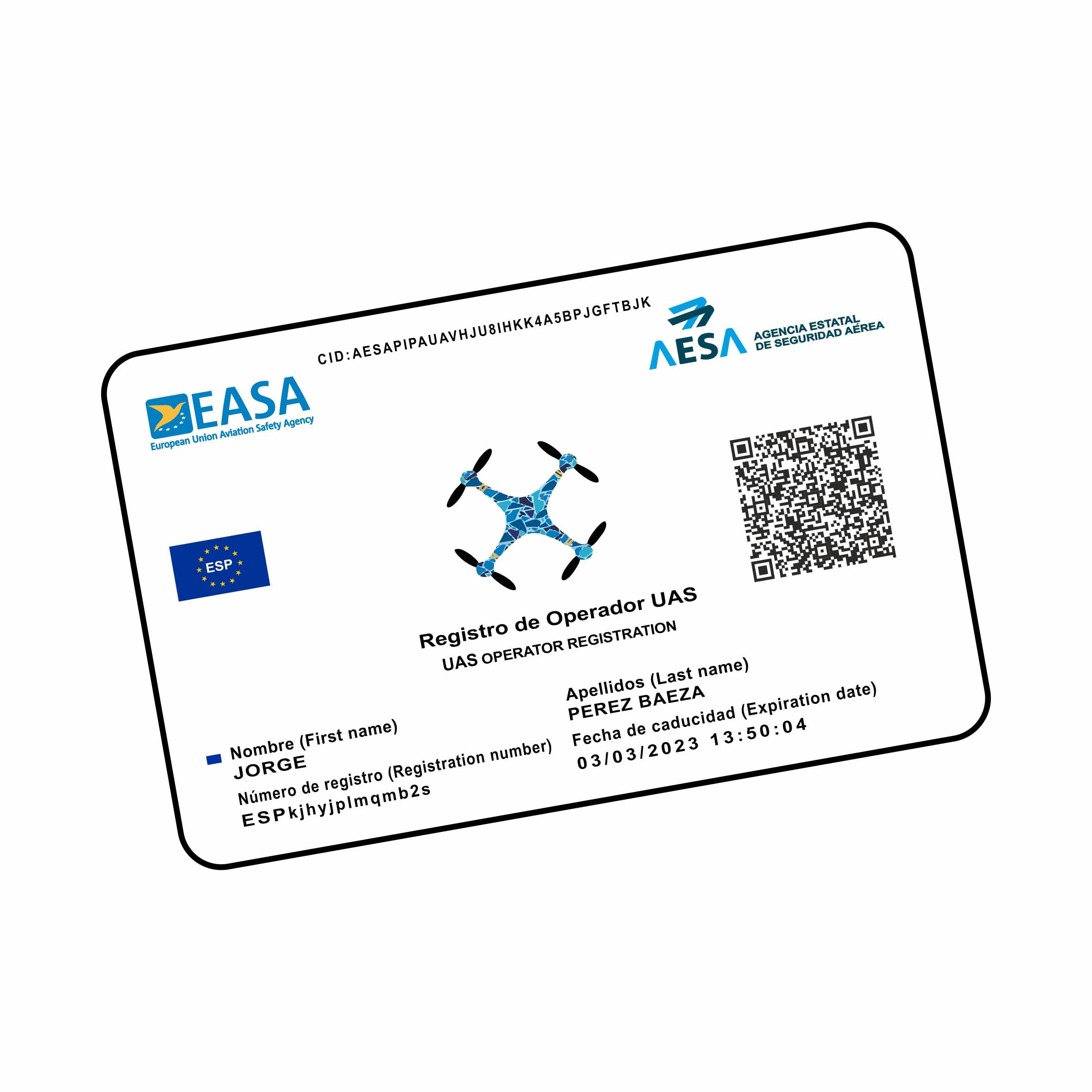 ● TARJETA DE PVC EASA ● Impresión Una cara ● Impresión Doble cara ● Número de Operador + Certificado de Piloto de drones | A1/A3 | A2 | STS (1 Tarjeta | Impresión a Doble Cara)