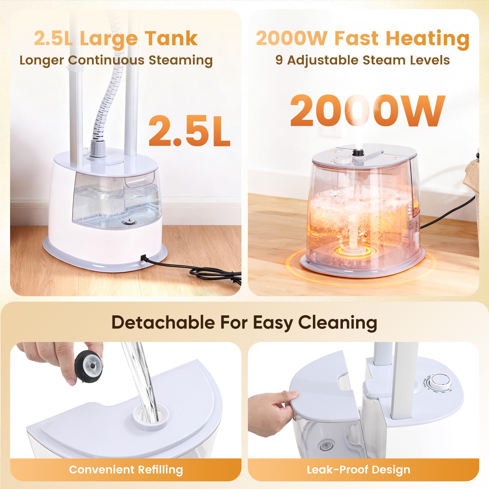 Vaporizador vertical profesional para ropa, 2000 W vertical y horizontal con salida de 35-41 g/min, tanque de 2.5 L, 9 ajustes ajustables, tela de ropa de calentamiento rápido que elimina las