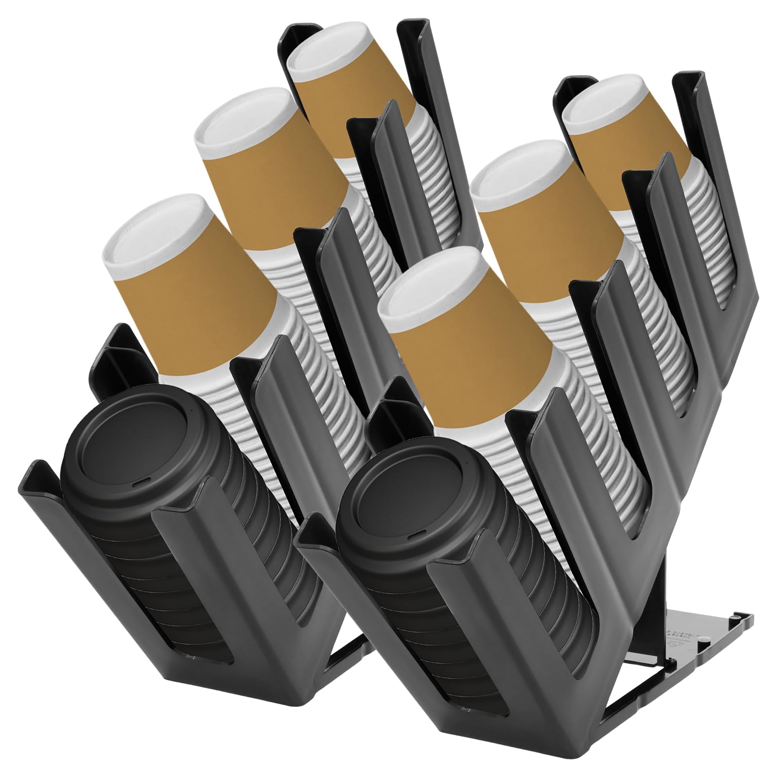 Bpyhebe 2Pcs Disposable Paper Cup Dispenser, Adjustable Coffee Cup and Lid Holder with 4 Compartments, Black PP Coffee Station Organizer for Countertop Coffees Bar Restaurant Breakroom