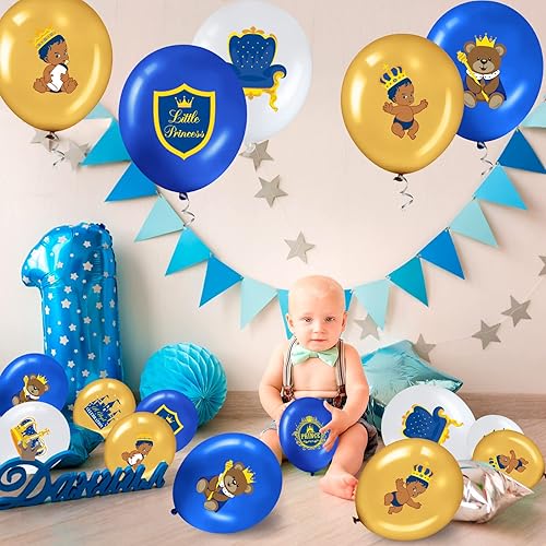 Miniatura 4 de Aoriher 45 globos de látex con corona de castillo azul y dorado de 12 pulgadas, decoración de fiesta de cumpleaños de príncipe, azul real, dorado y