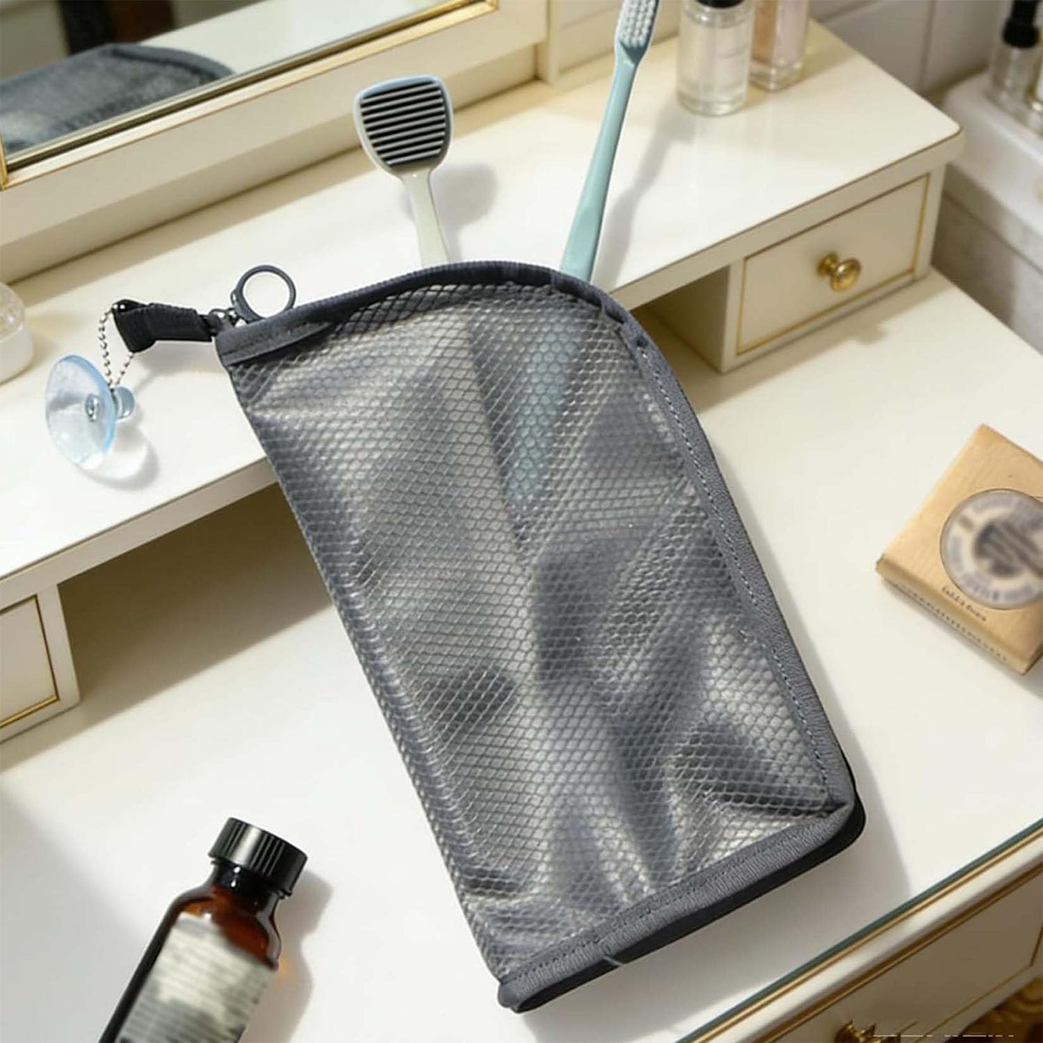 Borsa da toilette in piedi, borsa da toilette portatile leggera da viaggio con multi-scomparti, borsa per il trucco in piedi da appendere, in rete EVA, senza polvere, con cerniera, per casa e vacanze