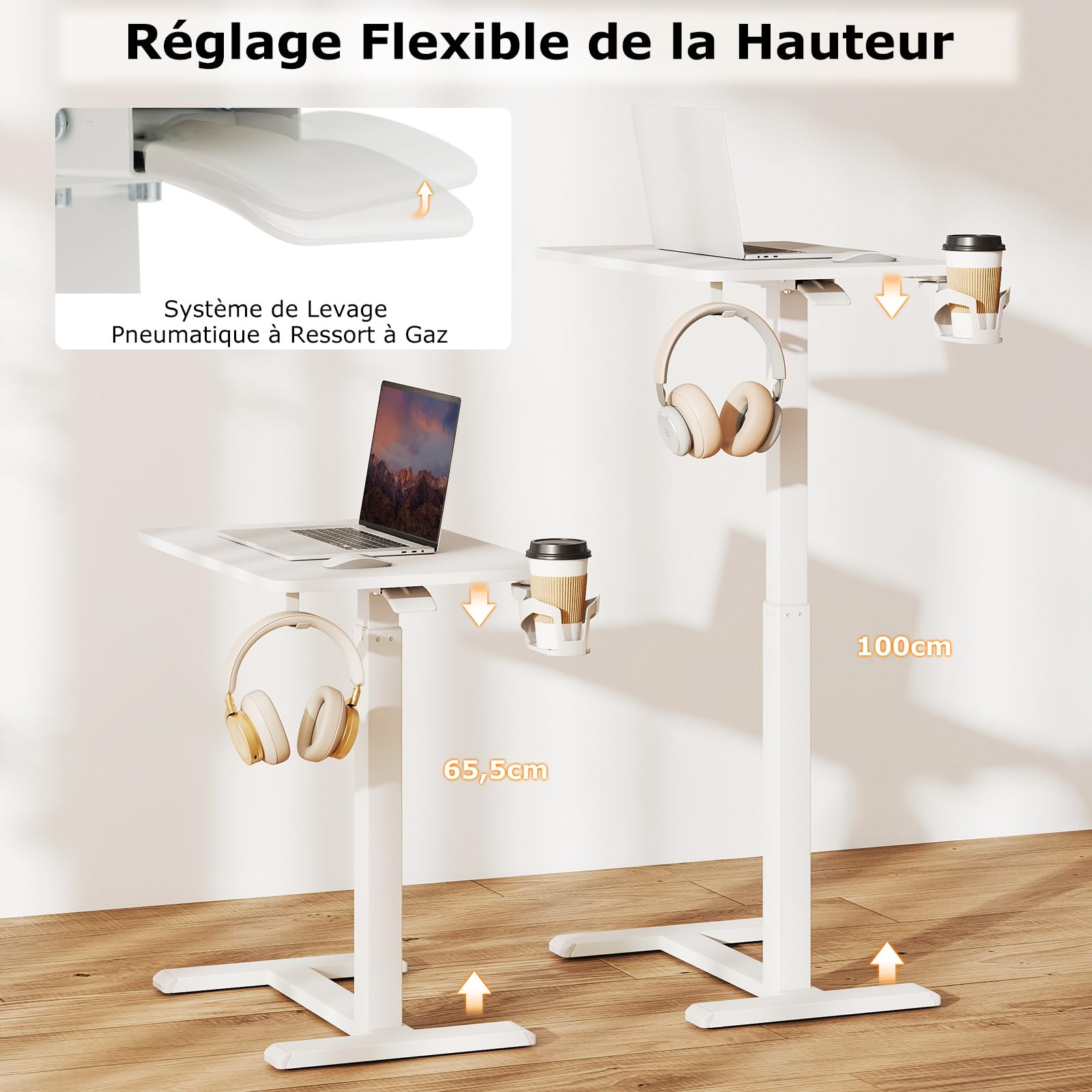 COSTWAY Table de Lit pour Ordinateur Portable, Table Roulante pour Lit, Bureau Pneumatique Réglable en Continu 65,5-100 CM, Porte-Gobelet, Crochet pour Écouteurs, pour Soin, Chambre, Bureau (Blanc)