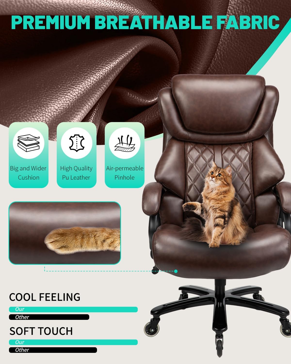 800lbs Big and Tall Office Chair with Wide Spring Seat, 360 Swivel & Heavy Duty Casters for Executive or Home Office Desk Chair (Brown)