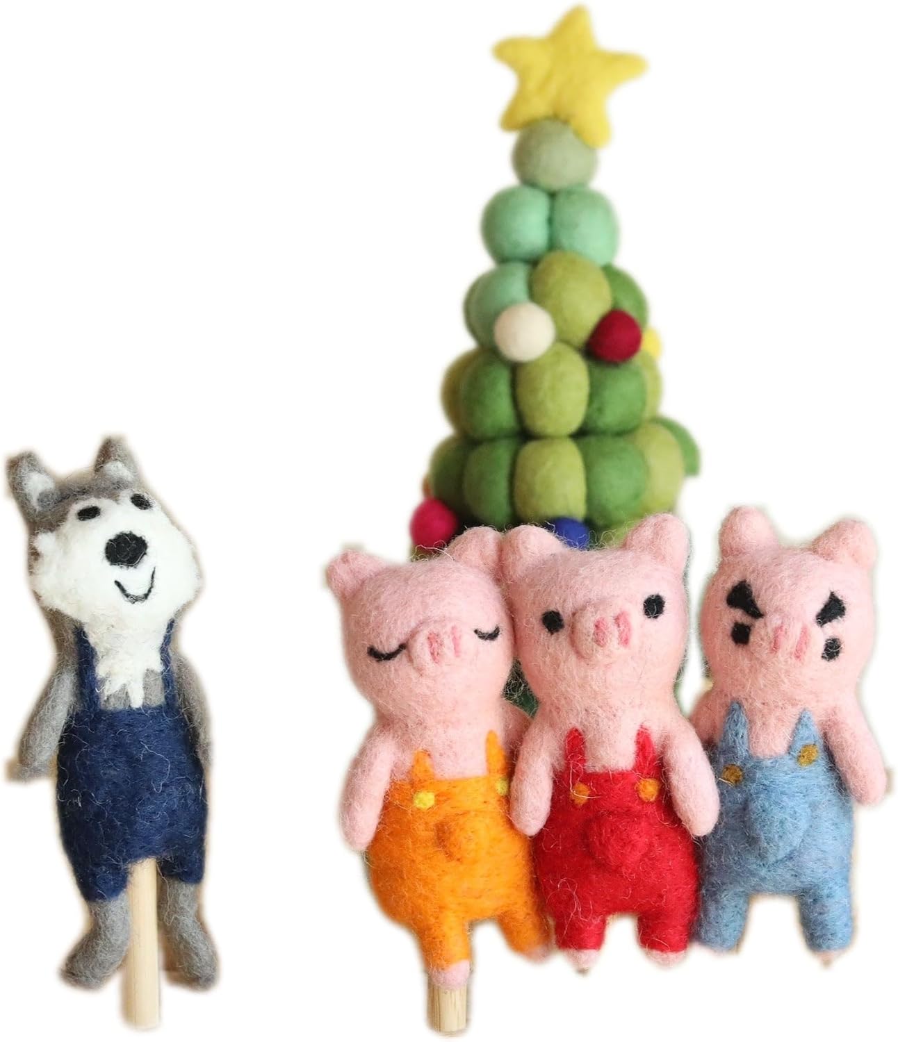 Handmade Three Little Pigs & Big Wolf Finger Puppets, Storybook Finger Puppet, Wool Felt Fairy Tale Puppets, Fair-Trade Storytelling Educational Toys, Eco-Friendly Handmade Gift for Kids