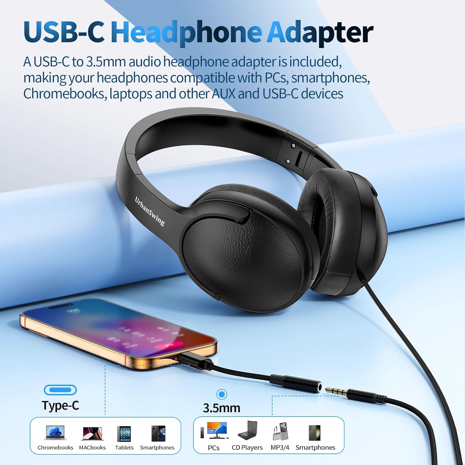 W4 Wired Headphones with USB C Adapter, Over Ear Headset with Mic, 3.5mm AUX Plus Type-C Plug, 4.9ft Extra Long Cord for iPhone 17/16/15, Samsung, iPad, PS5, School & Travel, Foldable - Image 3