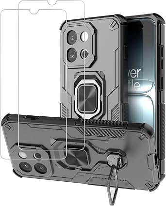 for OnePlus 13T Case with Screen Protector 2 Pack Tempered Glass Hybrid Heavy Duty Armor Protective Bumper Cover with 360 Degree Ring Holder Kickstand Black