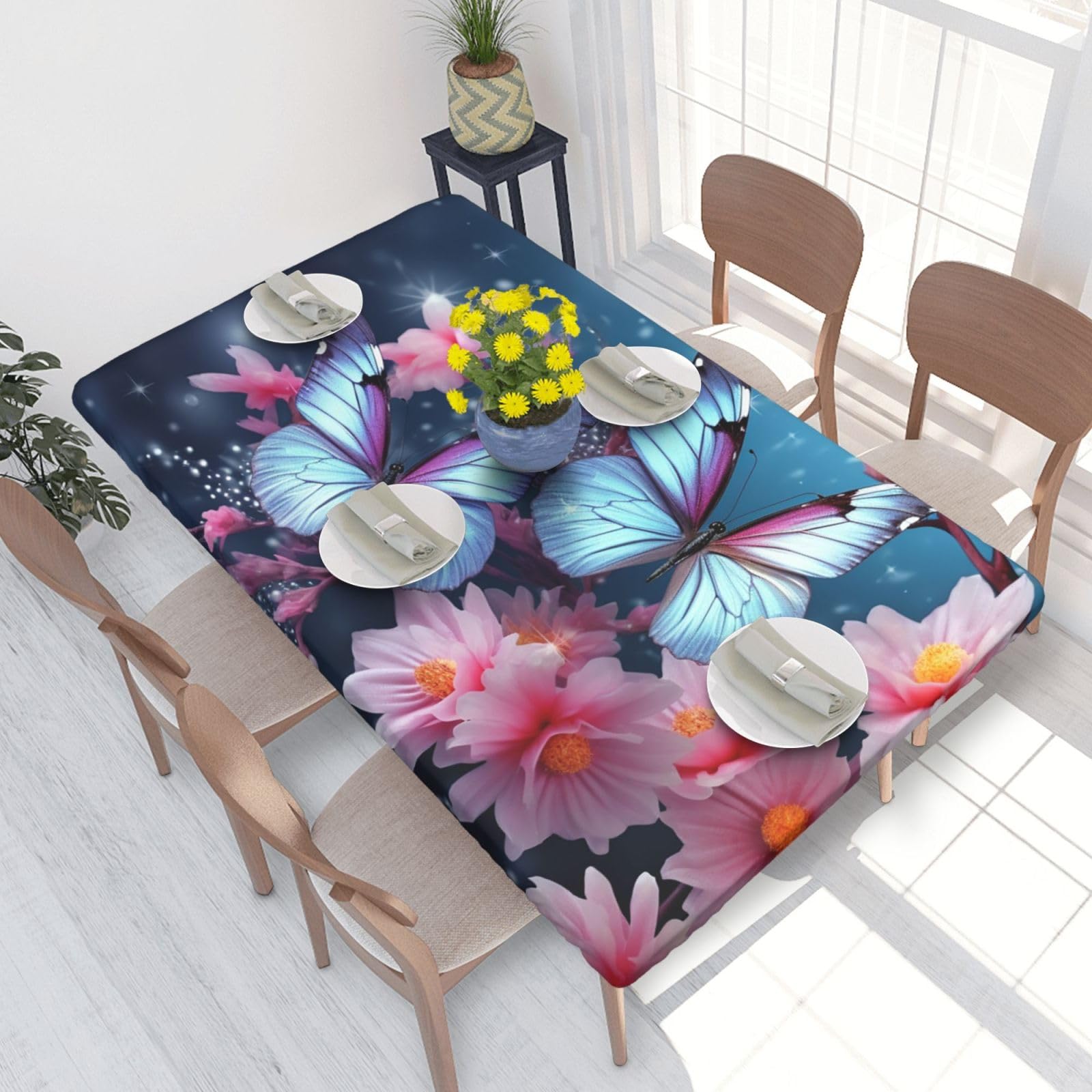 Butterfly Blossoms Waterproof Square Table Cover Elastic Fitted Tablecloth Oil Proof Table Protector For 4ft Table