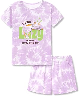 Beezizac Tie Dye Pajamas for Girls - 100% Cotton Glitter Butterfly Cat Summer Short Sleeve PJ Set Tween Clothes Size 4T - 18