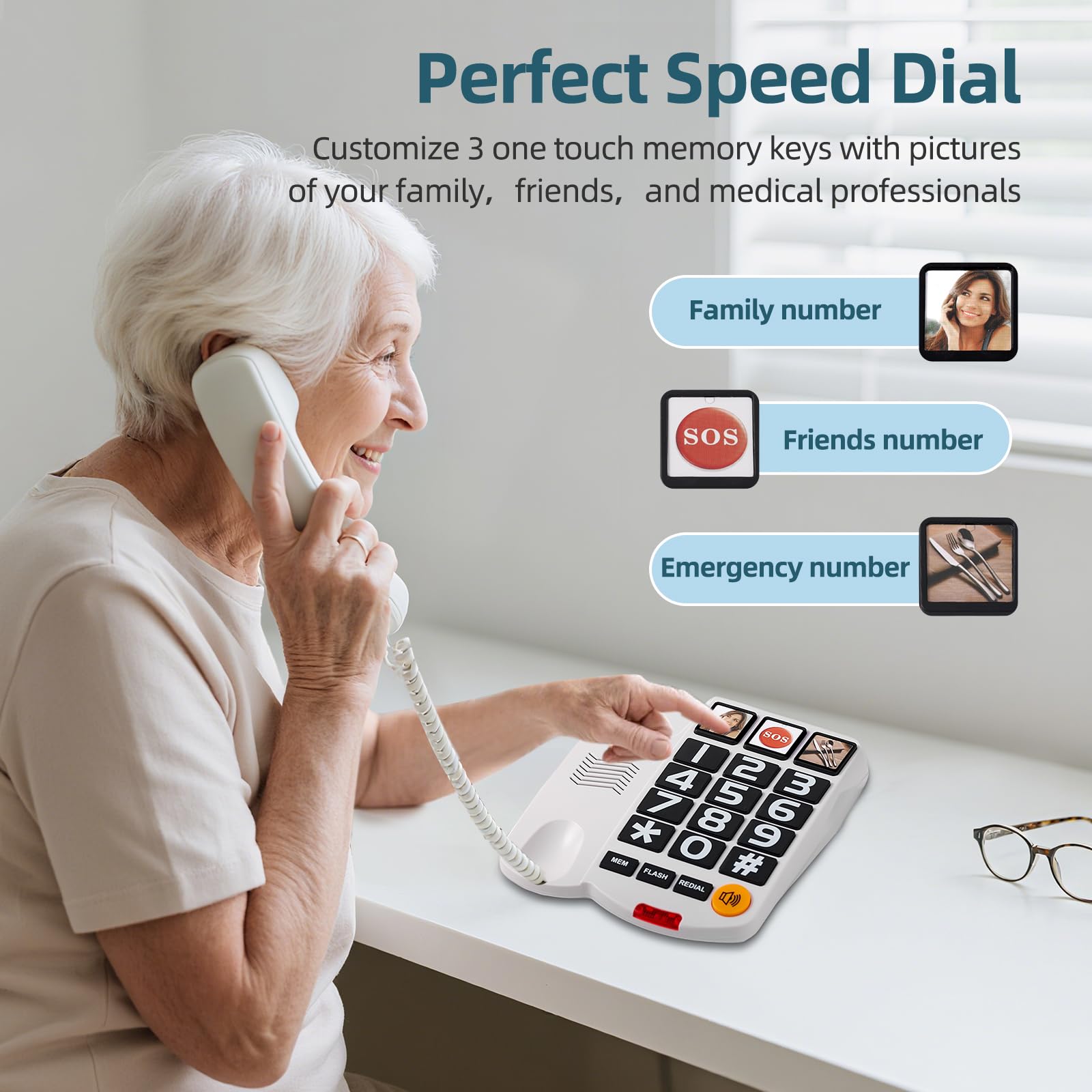 Telefono con pulsante grande per anziani, telefono con demenza con vivavoce, suoneria amplificata (+110dB), quadrante one-touch e 3 immagini di memoria, telefoni con cavo, problemi di udito e