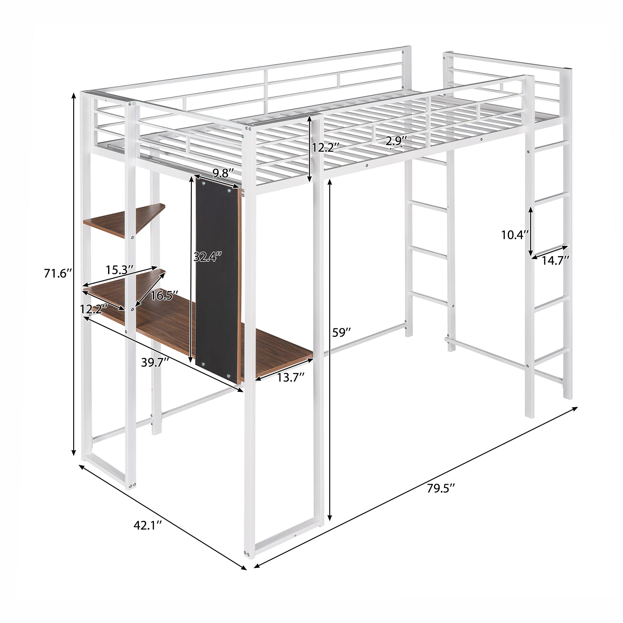 sofutoo Twin Metal Loft Bed for Space-Saving Comfort, Includes 2 Shelves and Desk, Stylish White Finish