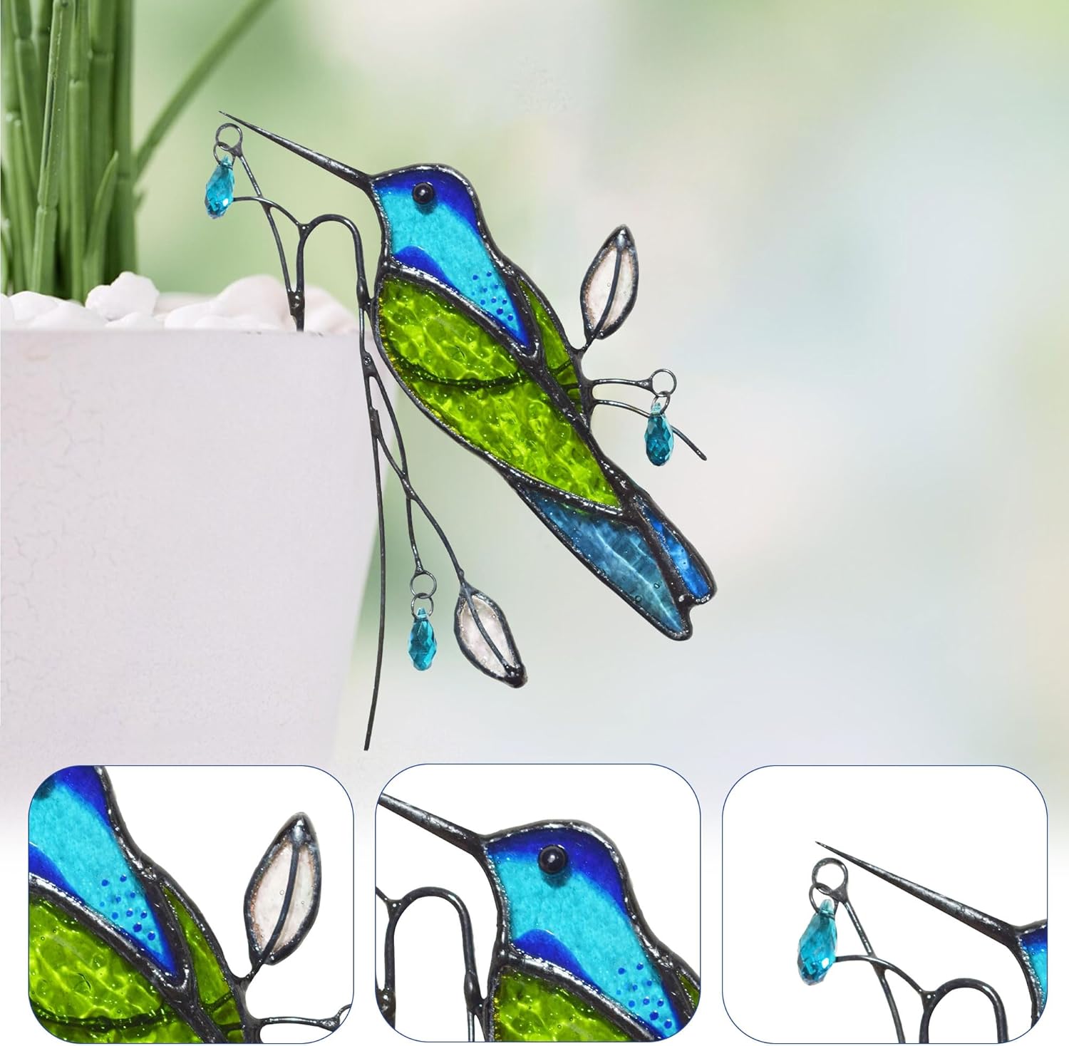 Lolitarcrafts Stained Glass Hummingbird Suncatcher for Planter Decoration – Colorful Glass Plant Pot Ornament, Ideal as a Gift for Christmas or Other Occasions (Blue C)